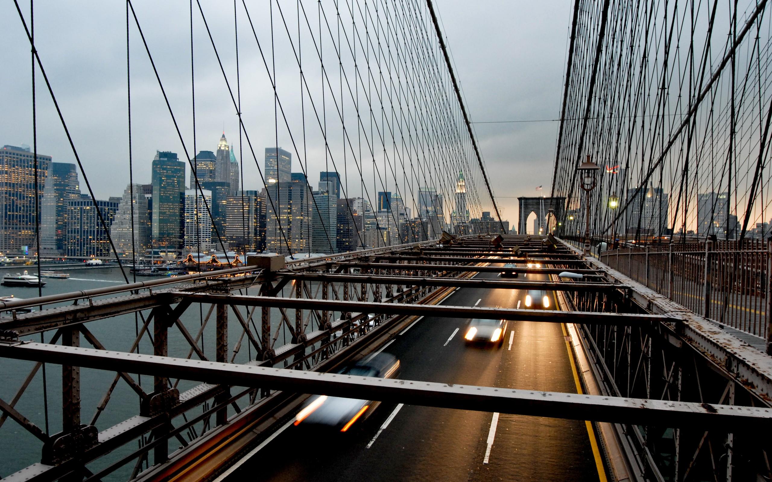 2560x1600 cityscapes, cars, bridges, Brooklyn Bridge, USA, New York City, motion blur wallpaper