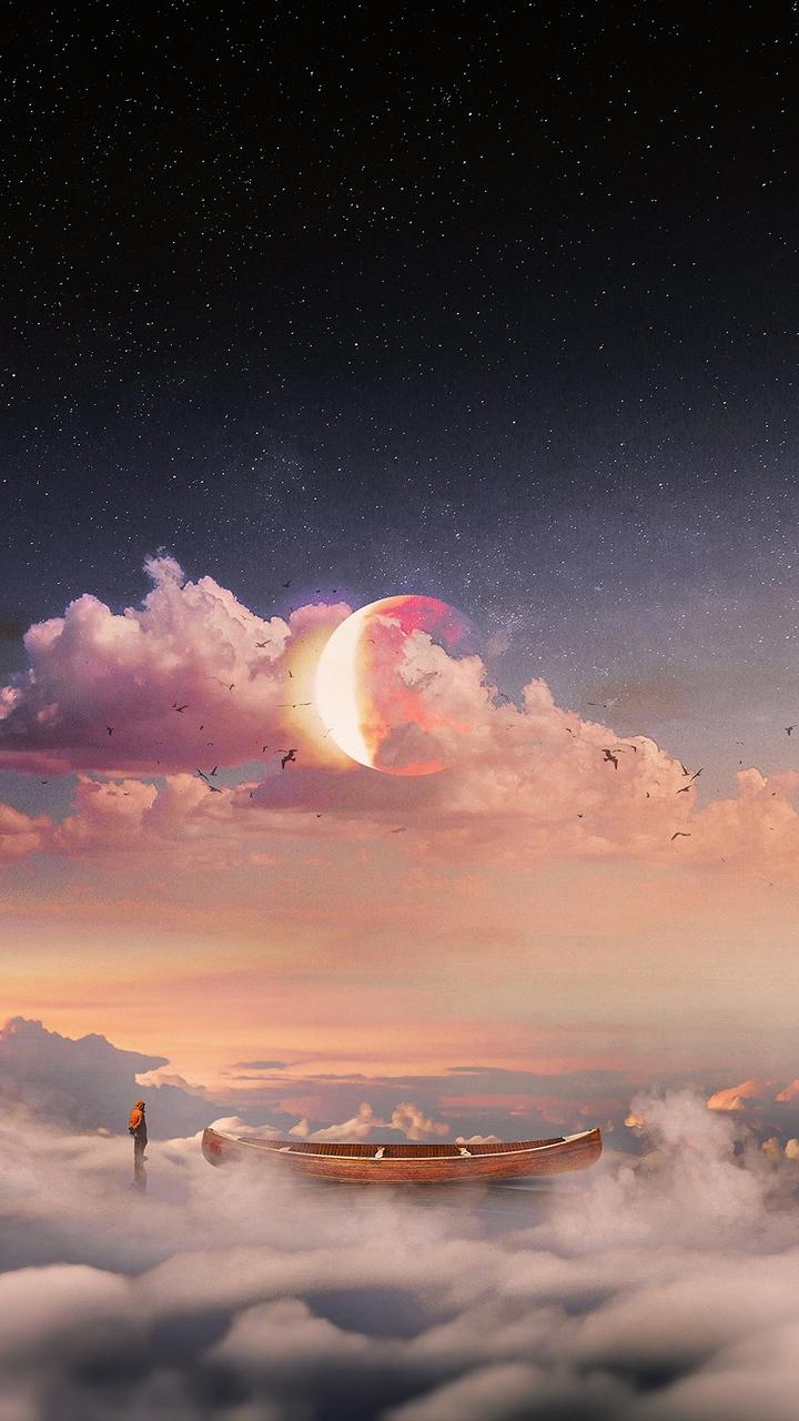 720x1280 Wallpaper Surrealism, Boat, Clouds, Lonely, Man, Starry iPhone Background