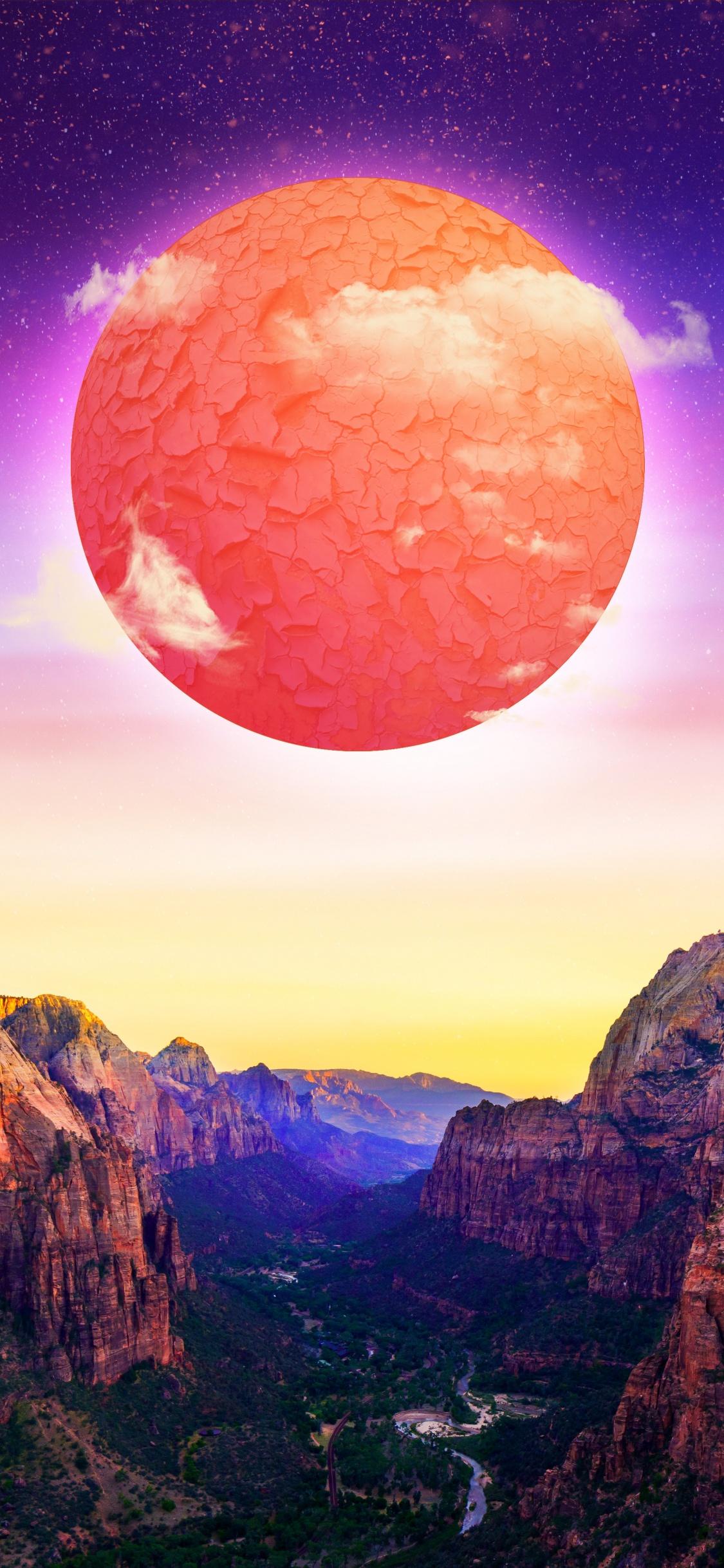1125x2436 Sun Wallpaper 4K, Valley, Purple sky, Cracked, Daytime, Surreal, Nature