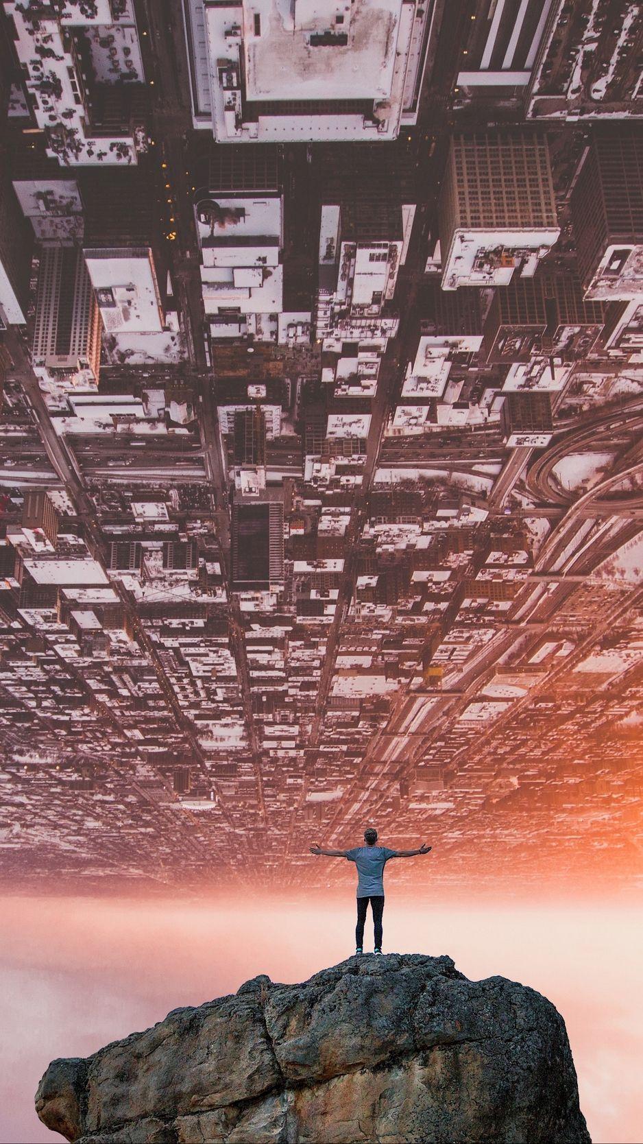 938x1668 Man, rock, city, surrealism wallpaper, background iphone. Surrealism photography, Conceptual art photography, Cool background