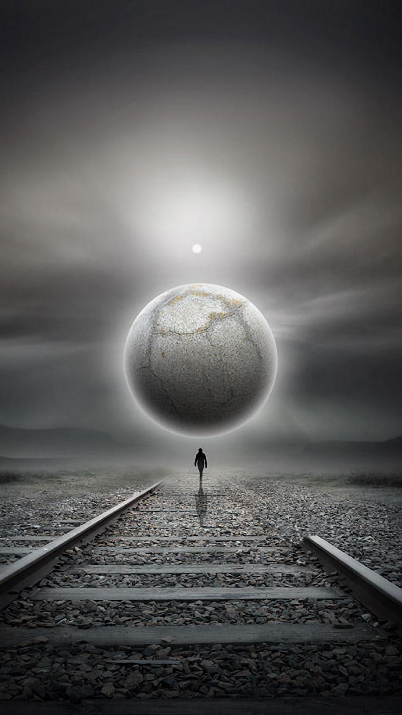 1350x2400 Download wallpaper 1350x2400 railway, silhouette, loneliness, art, planet, futurism, surrealism iphone 8+/7+/6s+/for parallax HD background