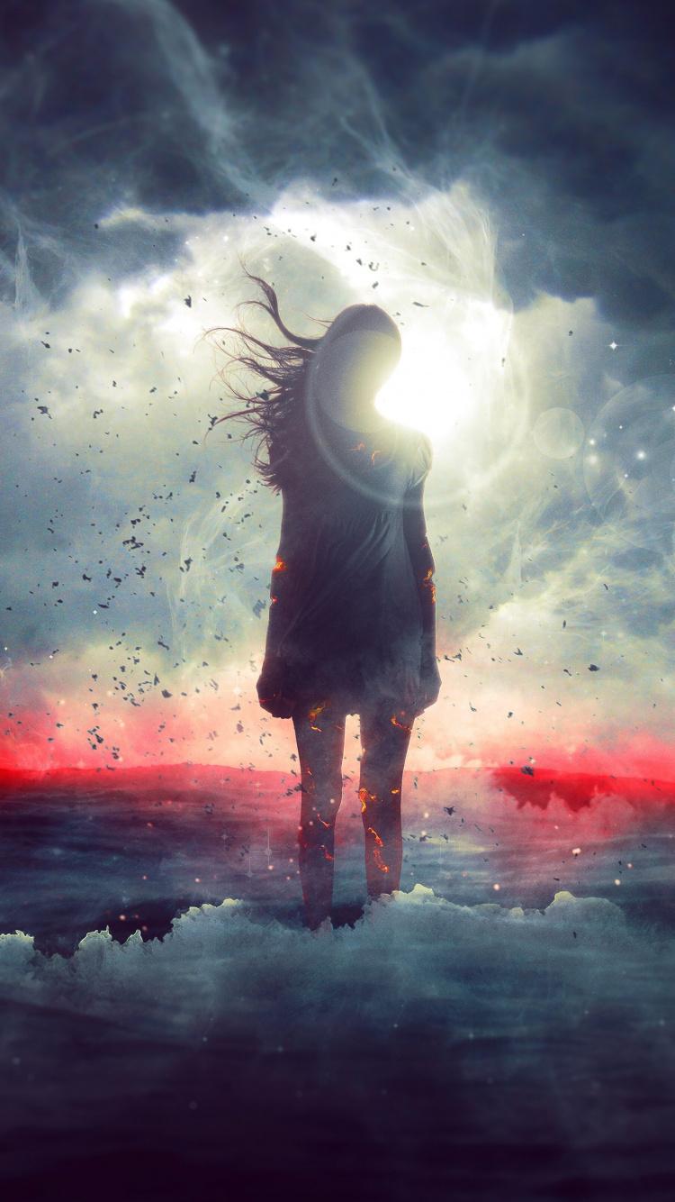750x1334 Download Woman, outdoor, surreal, fantasy, silhouette, clouds, art wallpaper, 750x iphone iPhone 8