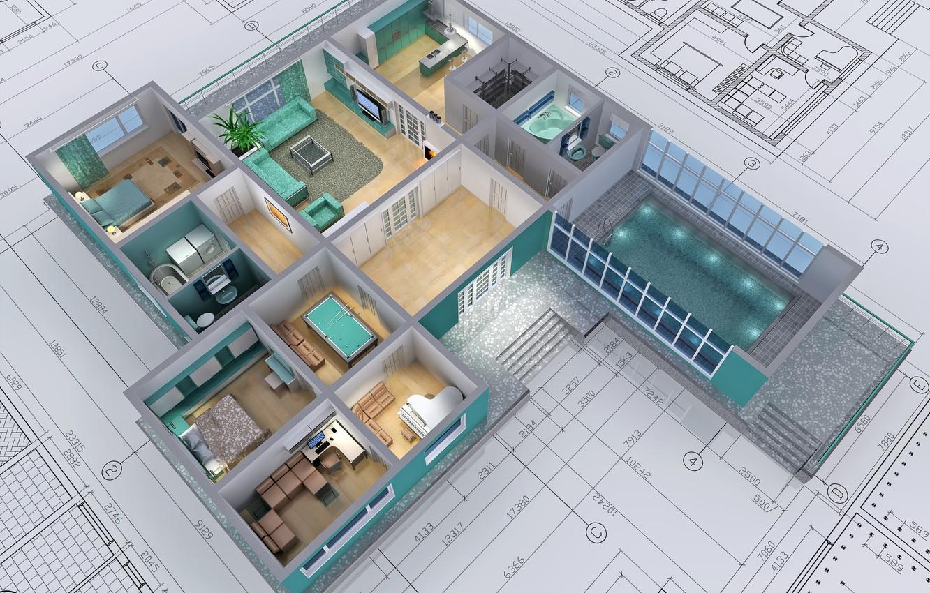 1332x850 Wallpaper design, architecture, drawings, housing image for desktop, section интерьер
