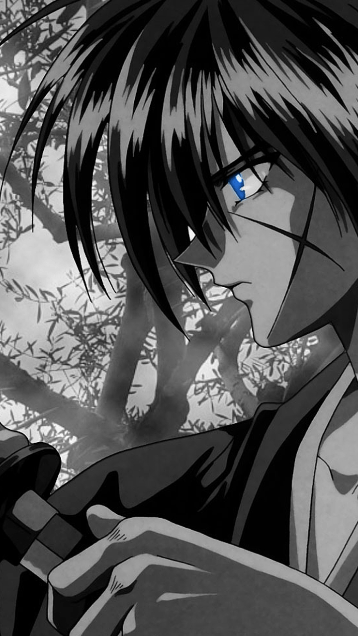 720x1280 kenshin wallpaper, cartoon, anime, monochrome, black and white, cg artwork, eye, illustration, black hair, mouth, long hair