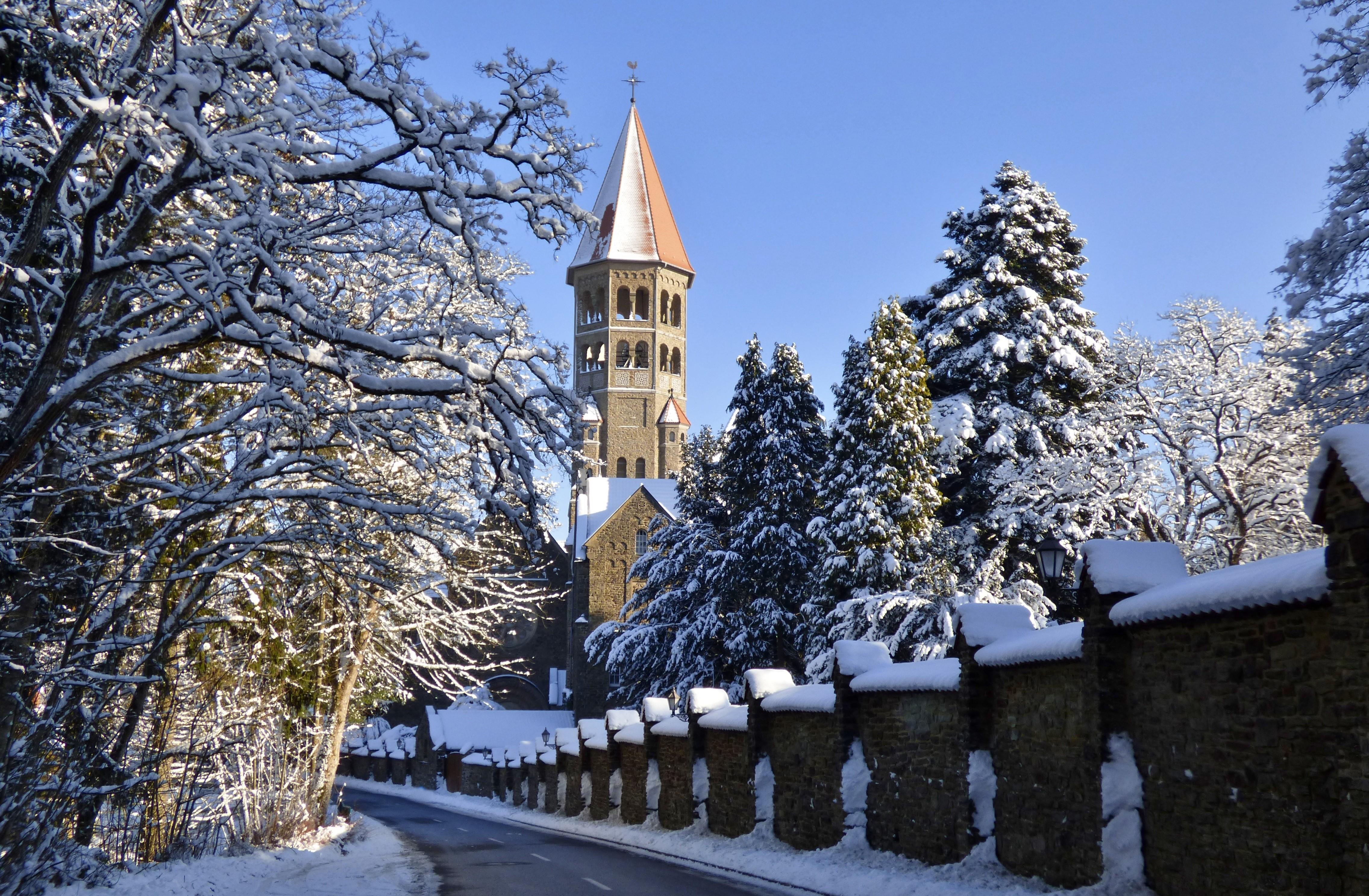 4544x2974 4K, Clervaux, Roads, Winter, Church, Luxembourg, Snow, Tower. Mocah HD Wallpaper