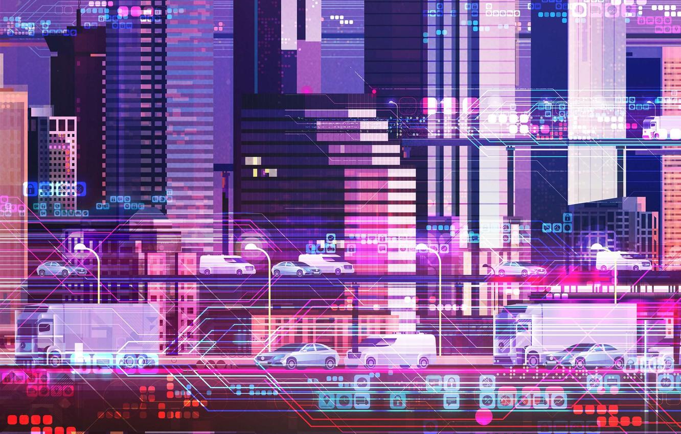 1332x850 Wallpaper Mercedes Benz, Style, Architecture, Art, Cars, Art, Mercedes Benz, Style, Night, Neon, Digital, Illustration, Illustration, Glitch, Transport & Vehicles, James Gilleard Image For Desktop, Section арт