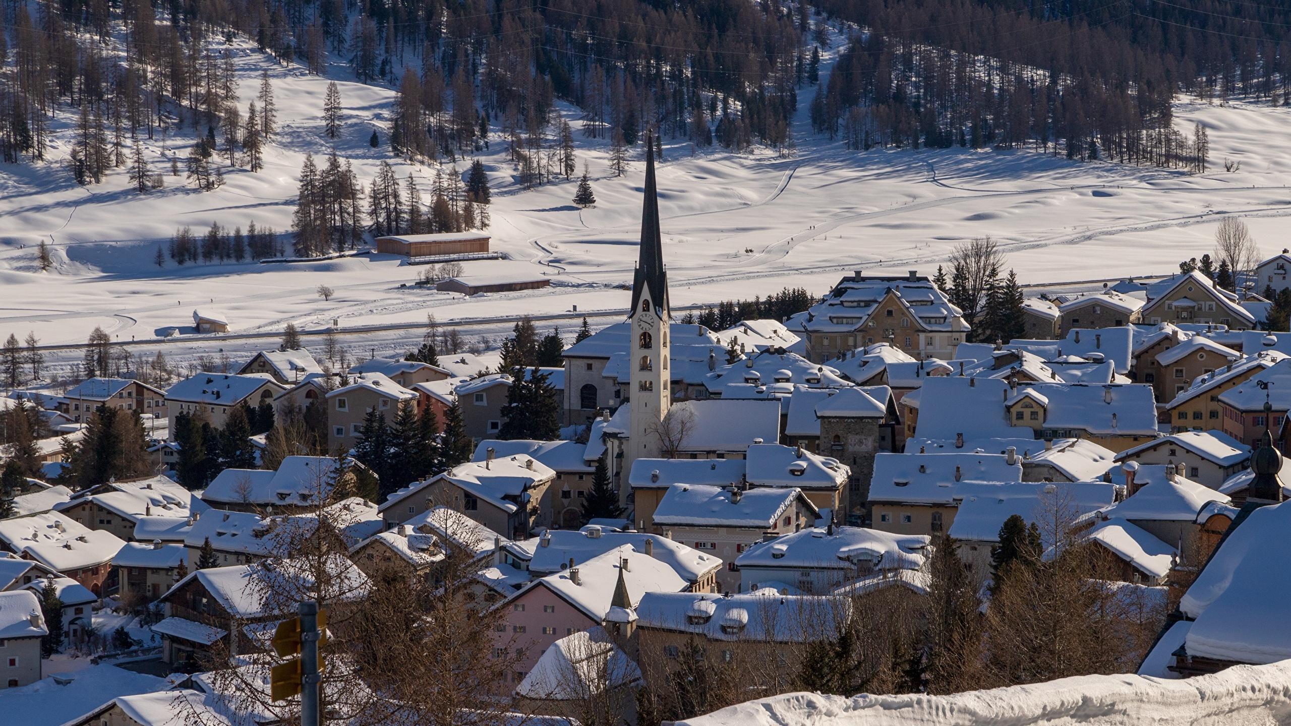 2560x1440 Desktop Wallpaper Church Switzerland Village Winter Snow 2560x1440