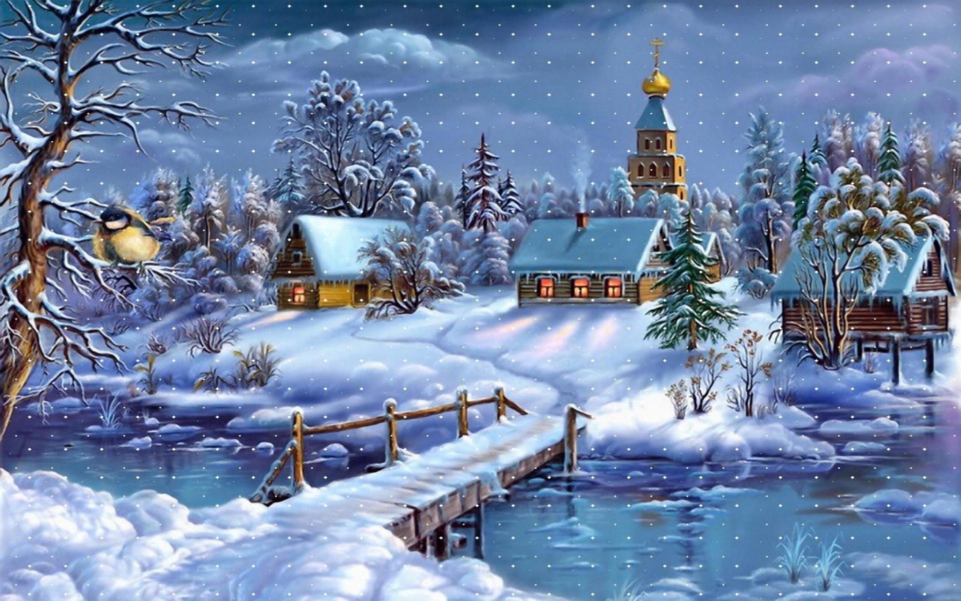 1920x1200 Winter Landscape Village Church River Wooden Bridge Layer Of Snow Art Wallpaper For Deskx1200 :