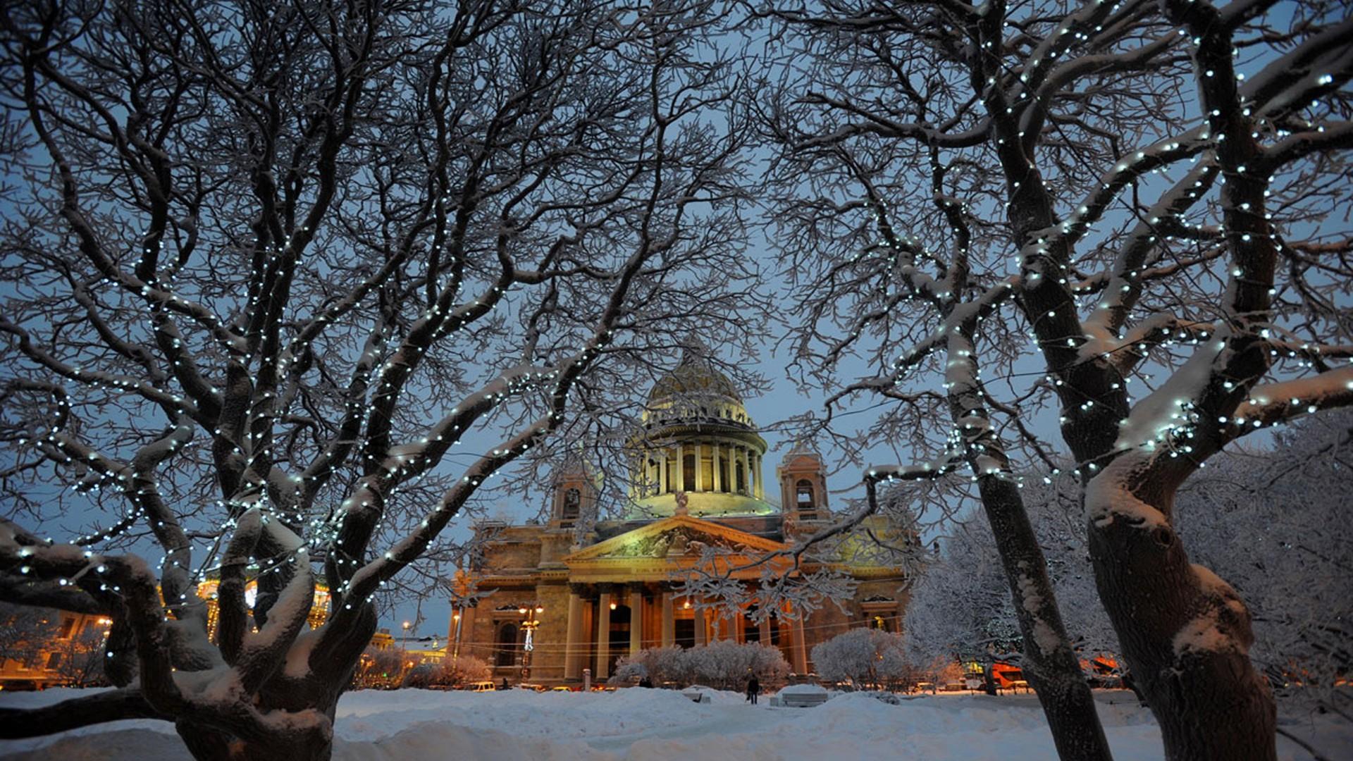 1920x1080 Wallpaper Winter Church Trees Snow St Petersburg, peterhof, russia :