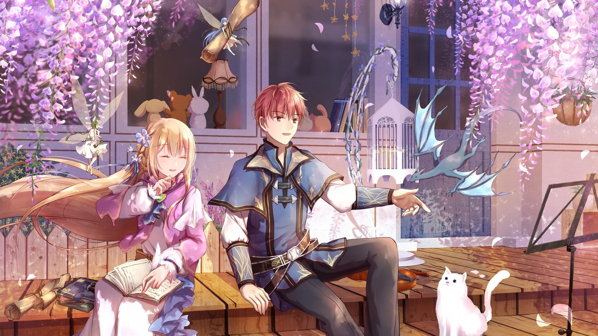 1920x1080 Download 1920x1080 Anime Couple, Fantasy, Fairy, Dragon, Creatures, Flowers, Happy, Blonde Wallpaper for Widescreen