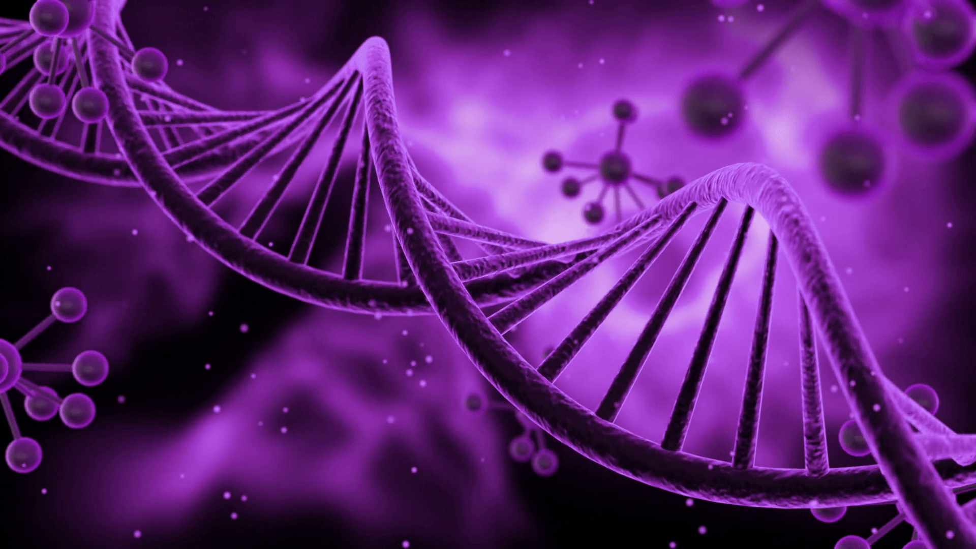1920x1080 Science Fiction Spinning DNA Molecules Seamless Looping Motion Background. Sci Fi Animated Video Loop Animation of Double Helix Deoxyribonucleic acid Structure. Full HD 1920 X 1080. Purple Violet Motion Background