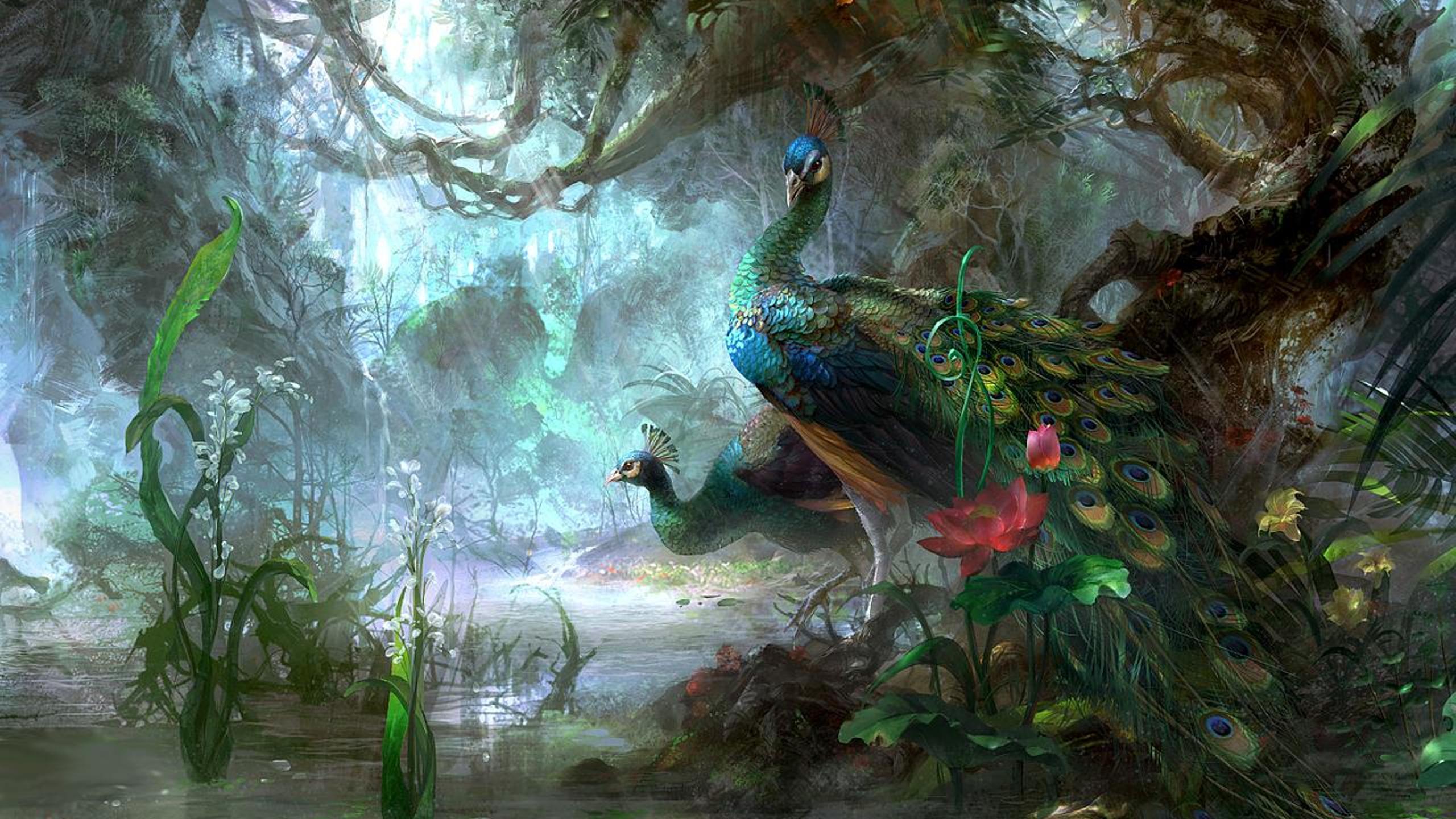 2560x1440 Peacocks and flowers in the abstract forest