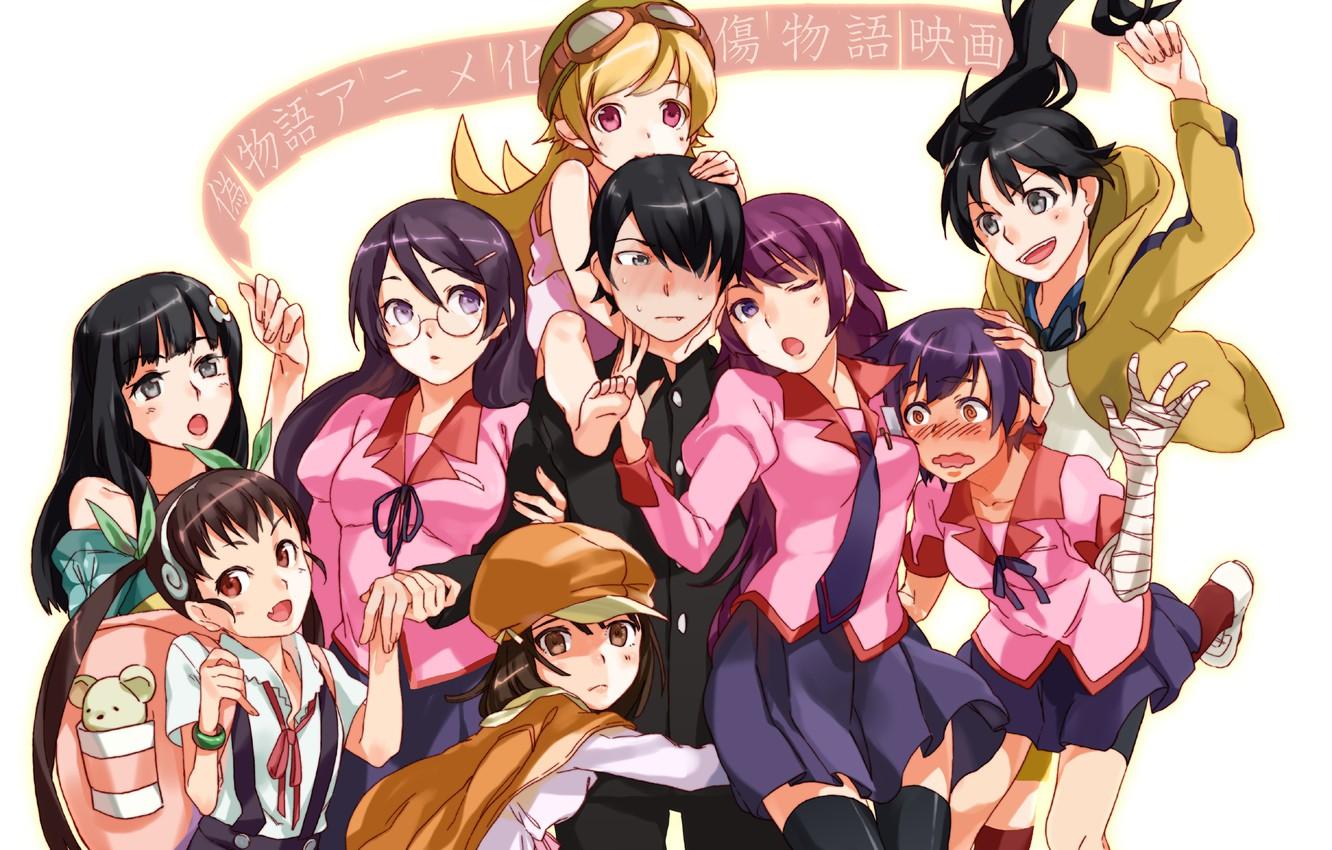 1332x850 Wallpaper girls, anime, art, guys, Bakemonogatari image for desktop, section прочее