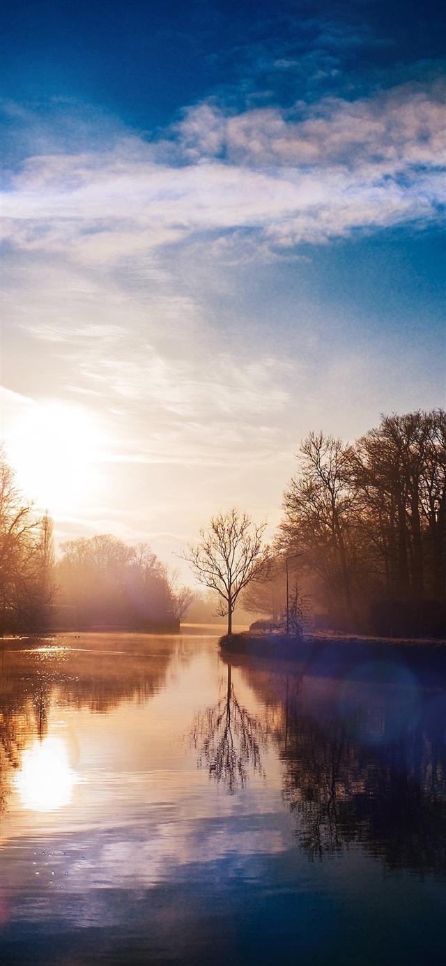 640x1385 Lake calm tree mountain sunny day iPhone X Wallpaper Free Download