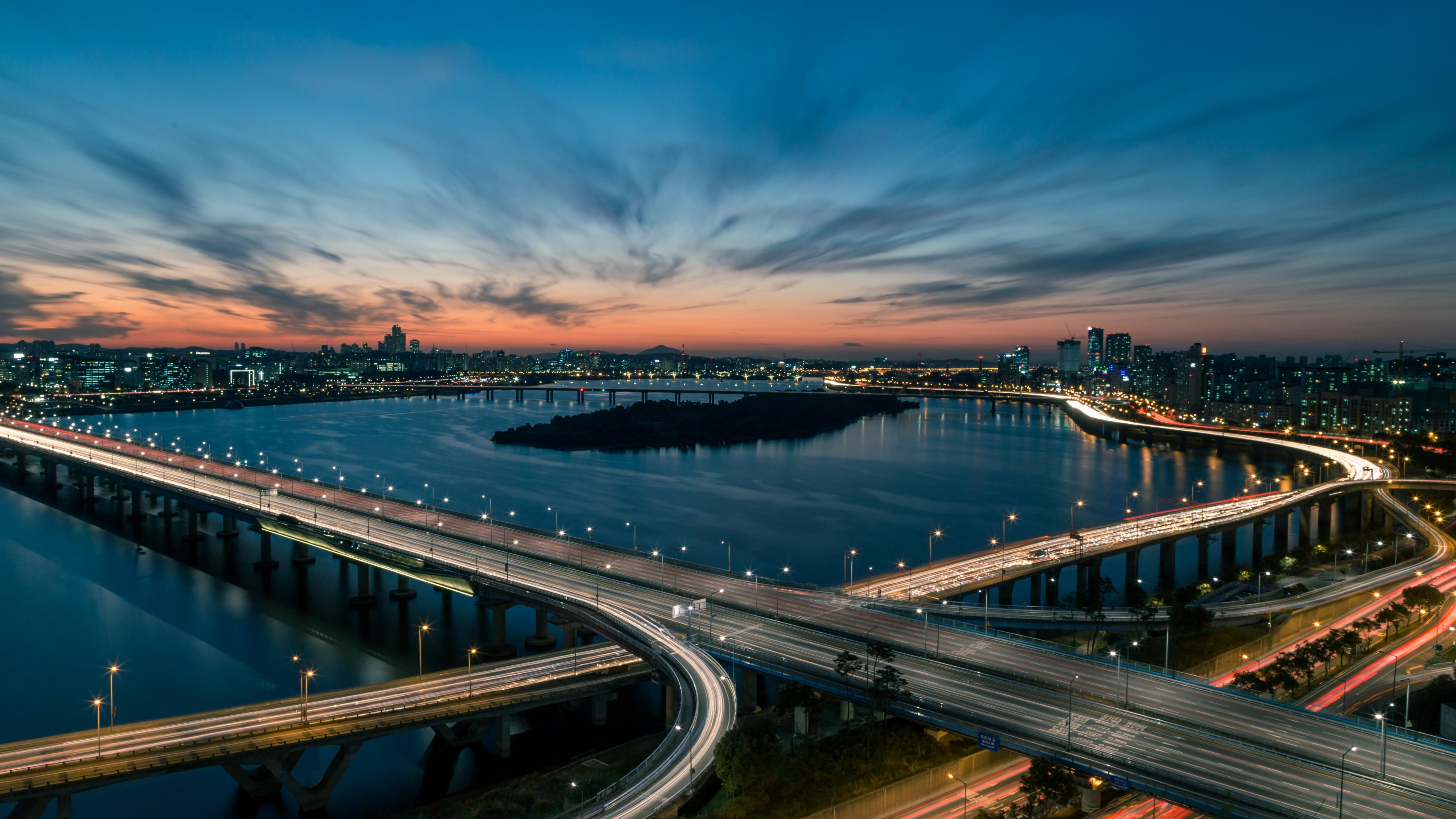 5120x2880 Wallpaper Han river, bridge, Seoul, South Korea, 5K, Travel