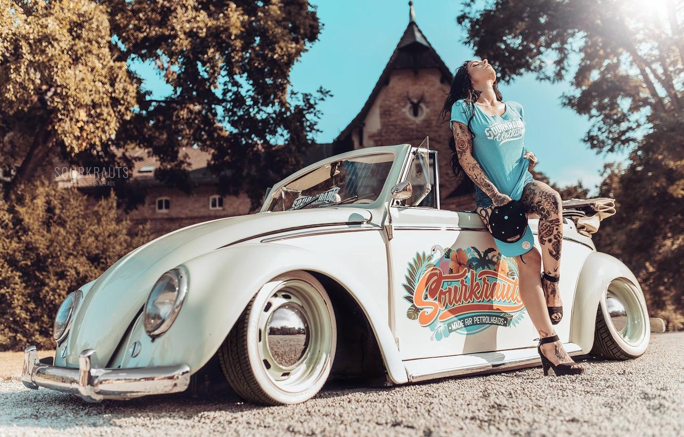 1332x850 Wallpaper machine, girl, pose, style, mood, tattoo, convertible, car, Volkswagen Beetle image for desktop, section стиль
