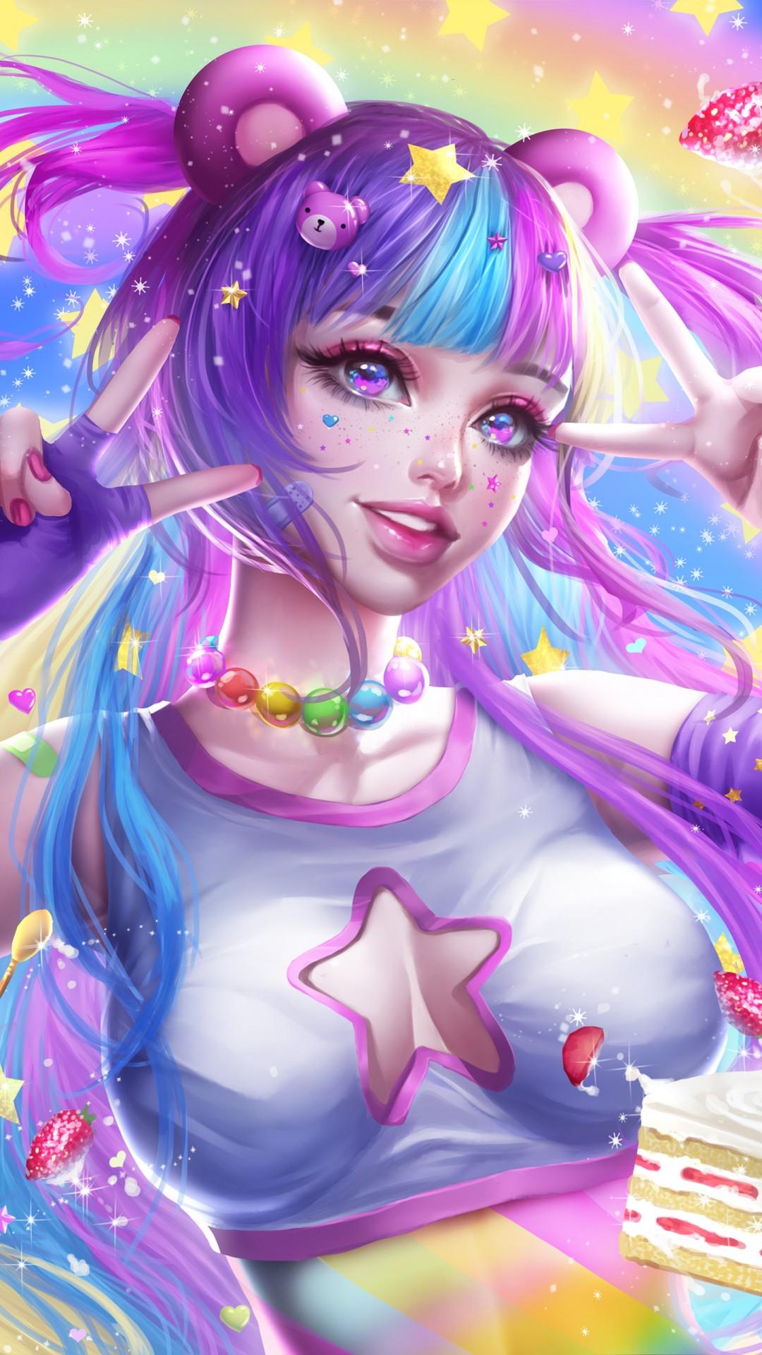 1080x1920 16++ Rainbow Anime Girl Wallpaper