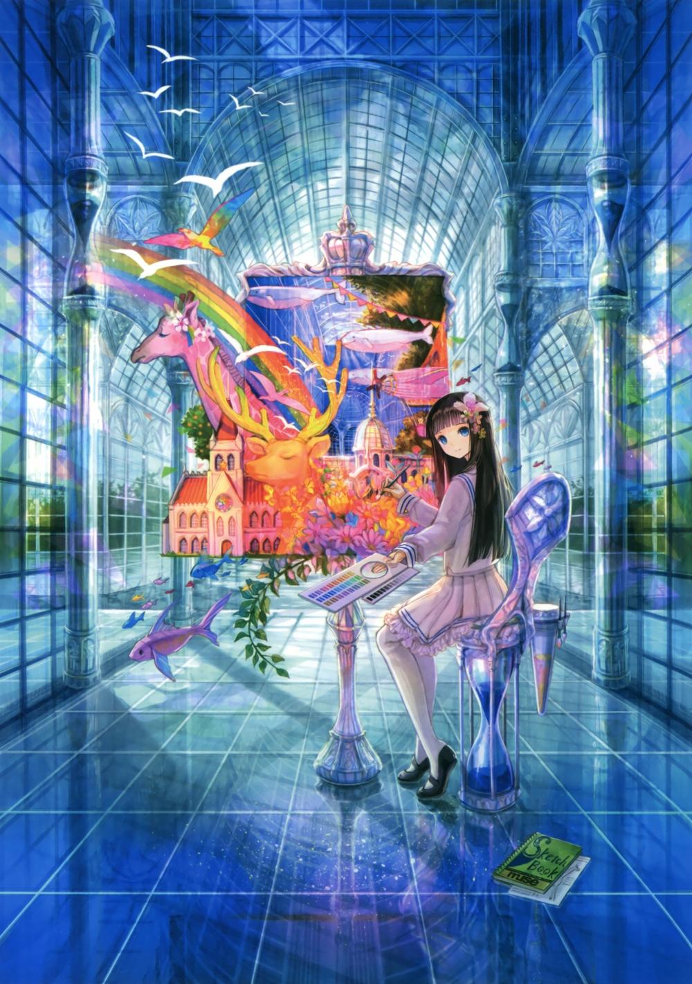 1000x1421 Wallpaper Anime Girl, Painting, Sitting, Building, Abstract, Rainbow, Castle, Deer, Birds
