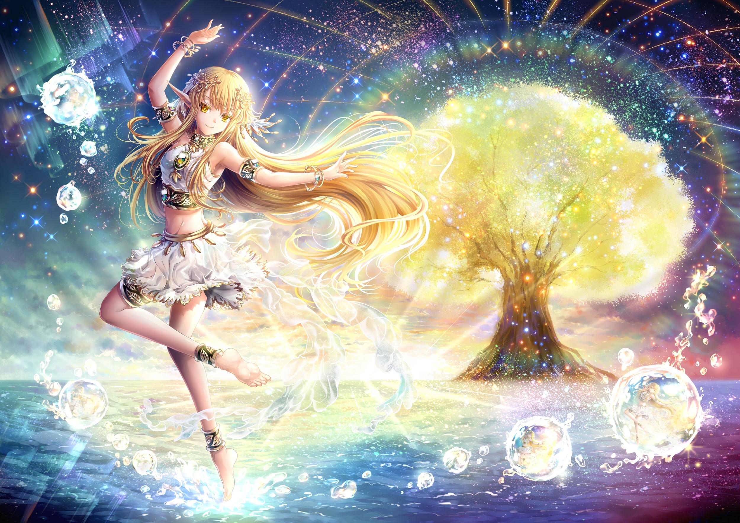 2500x1768 Download 2500x1768 Anime Girl, Dancing, Elf Ears, Blonde, Scenic, Water, Tree, Rainbow Wallpaper