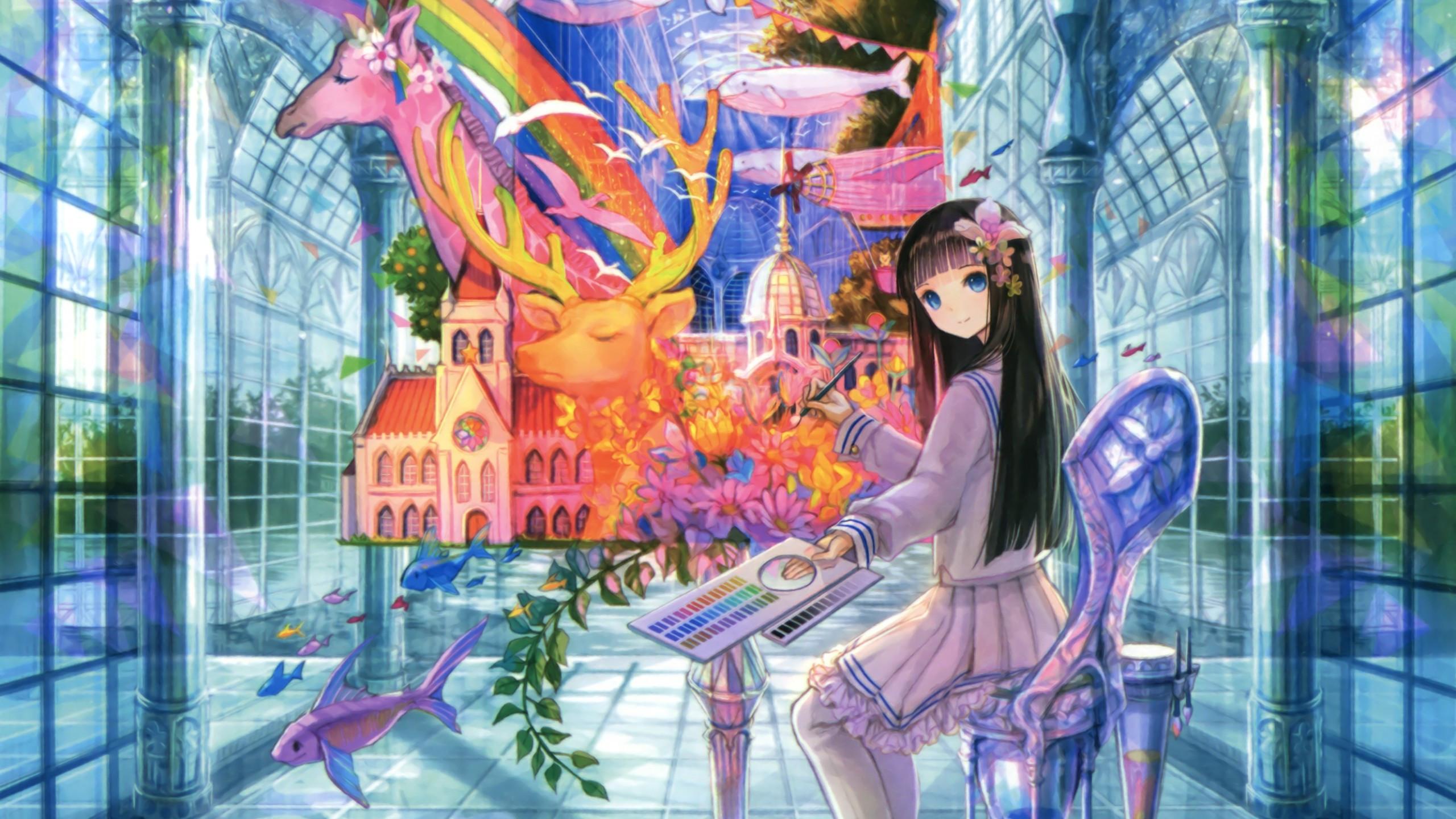 2560x1440 Download 2560x1440 Anime Girl, Painting, Sitting, Building, Abstract, Rainbow, Castle, Deer, Birds Wallpaper for iMac 27 inch