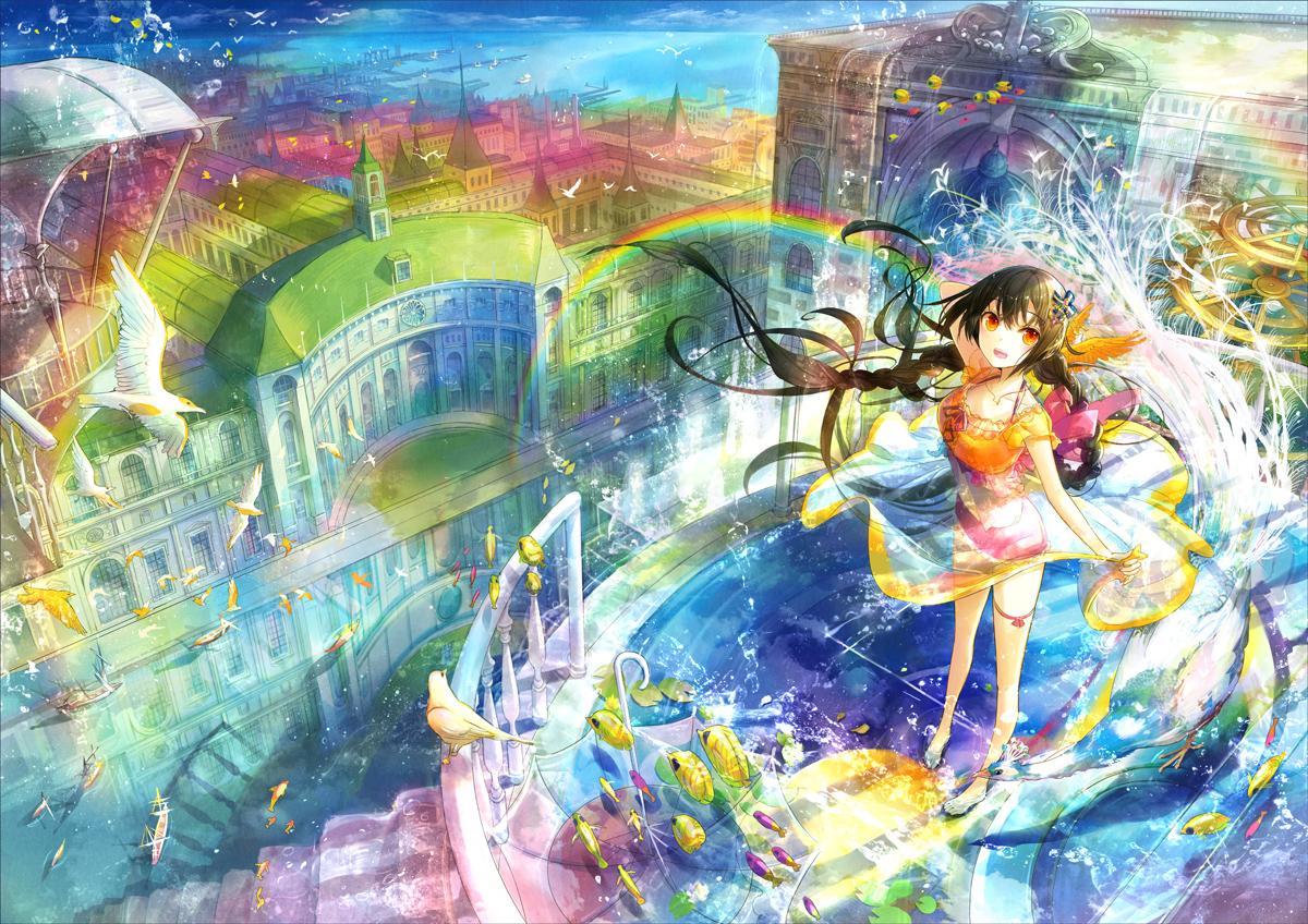 1200x848 animal bird black hair braids building city fish kyouya kakehi orange eyes original rainbow scenic skirt stairs water. konachan.com.com Anime Wallpaper