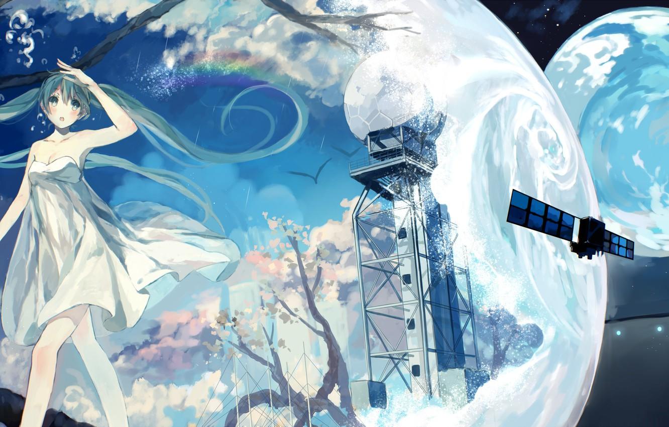 1332x850 Wallpaper girl, tree, earth, planet, rainbow, anime, art, vocaloid, hatsune miku, bou shaku image for desktop, section арт