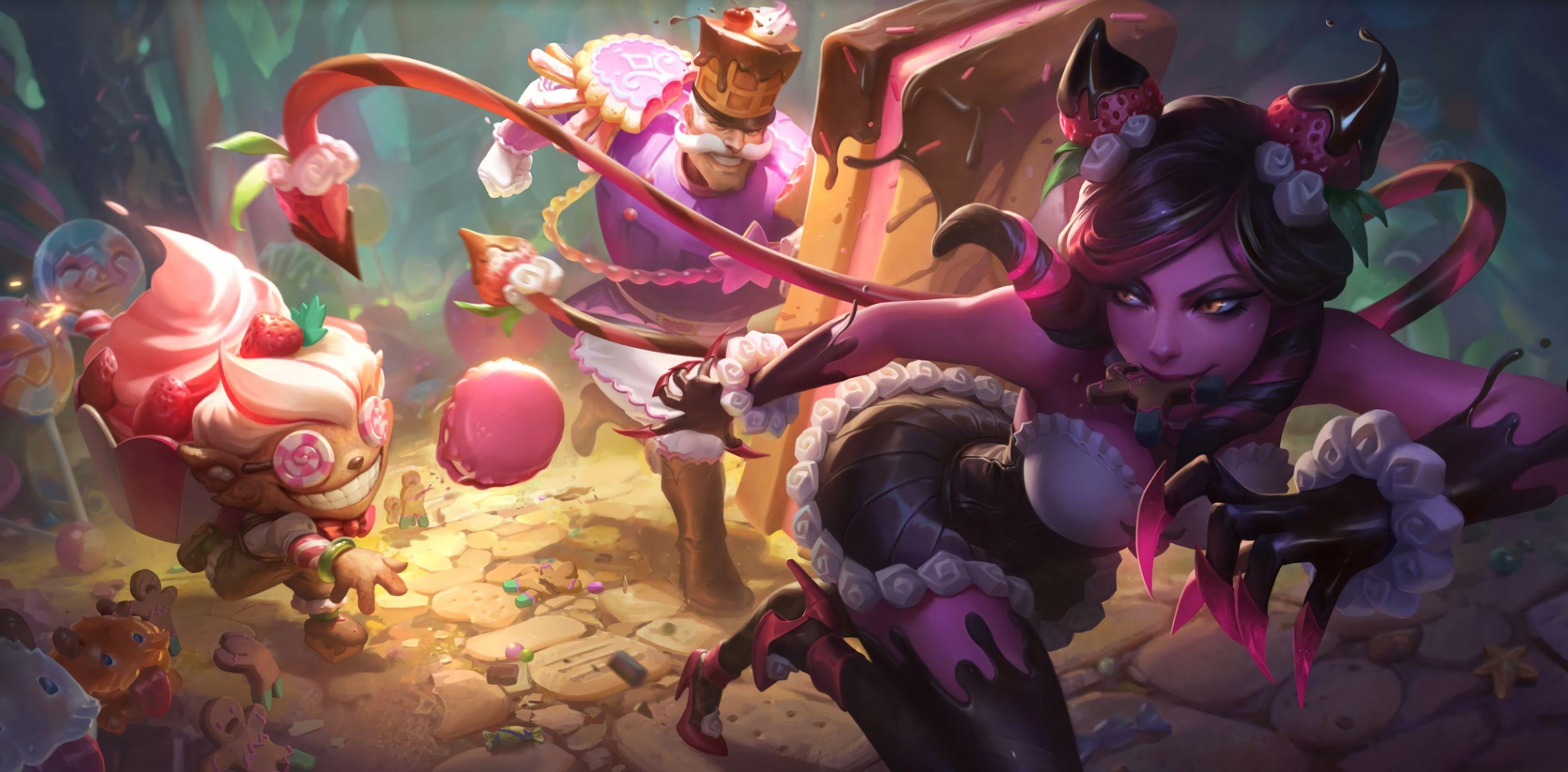 2794x1376 Sugar Rush skins wallpaper (Braum, Evelynn, Ziggs splash art) [Artist: Riot Games] of Legends Clan [anime pics & digital art]
