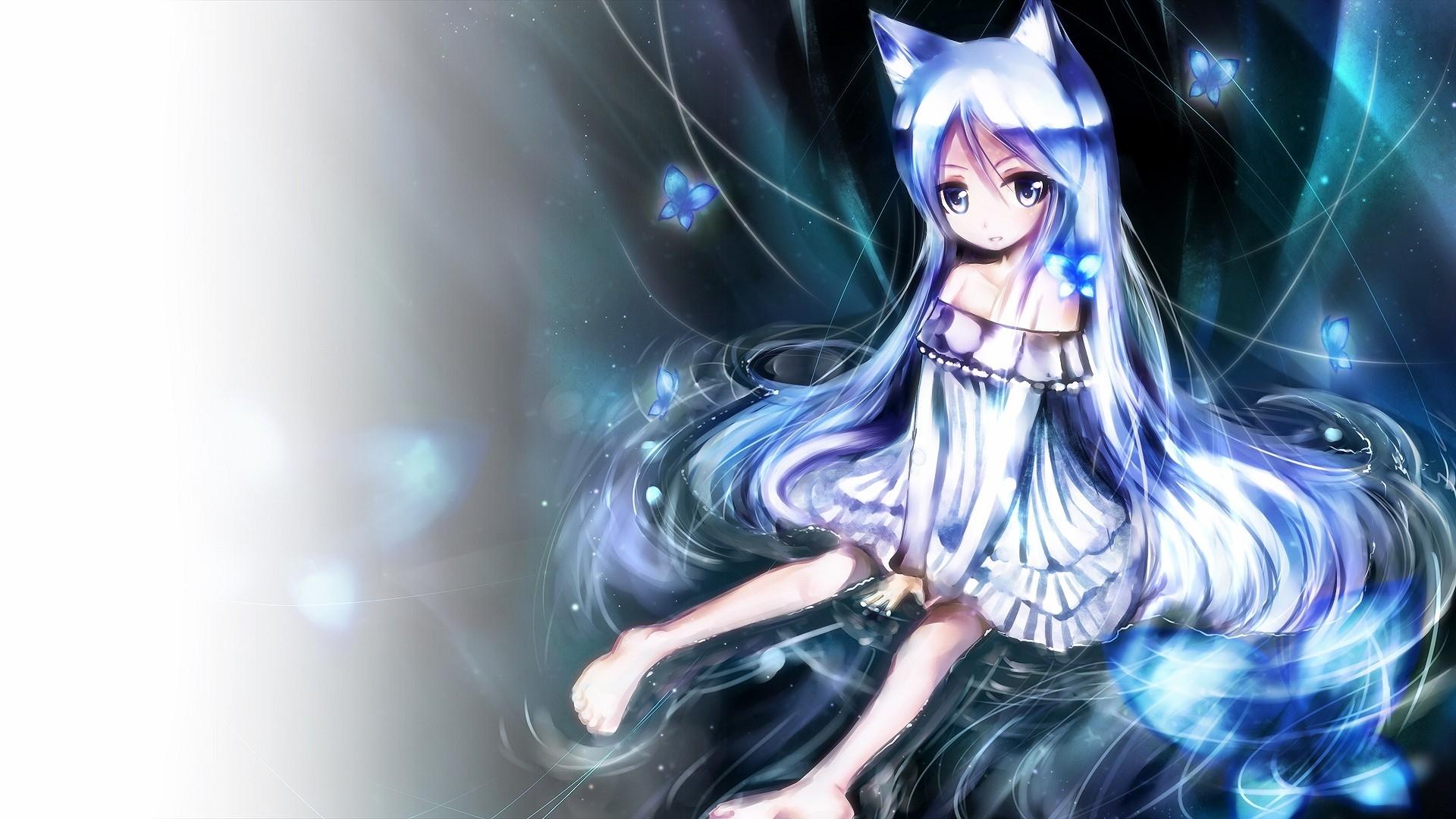1920x1080 Download Wallpaper, Download water dress butterfly blue eyes long hair nekomimi barefoot animal ears anime shino gray hair anime Animals HD Wallpaper, Hi Res Animals Wallpaper, High Definition Wallpaper
