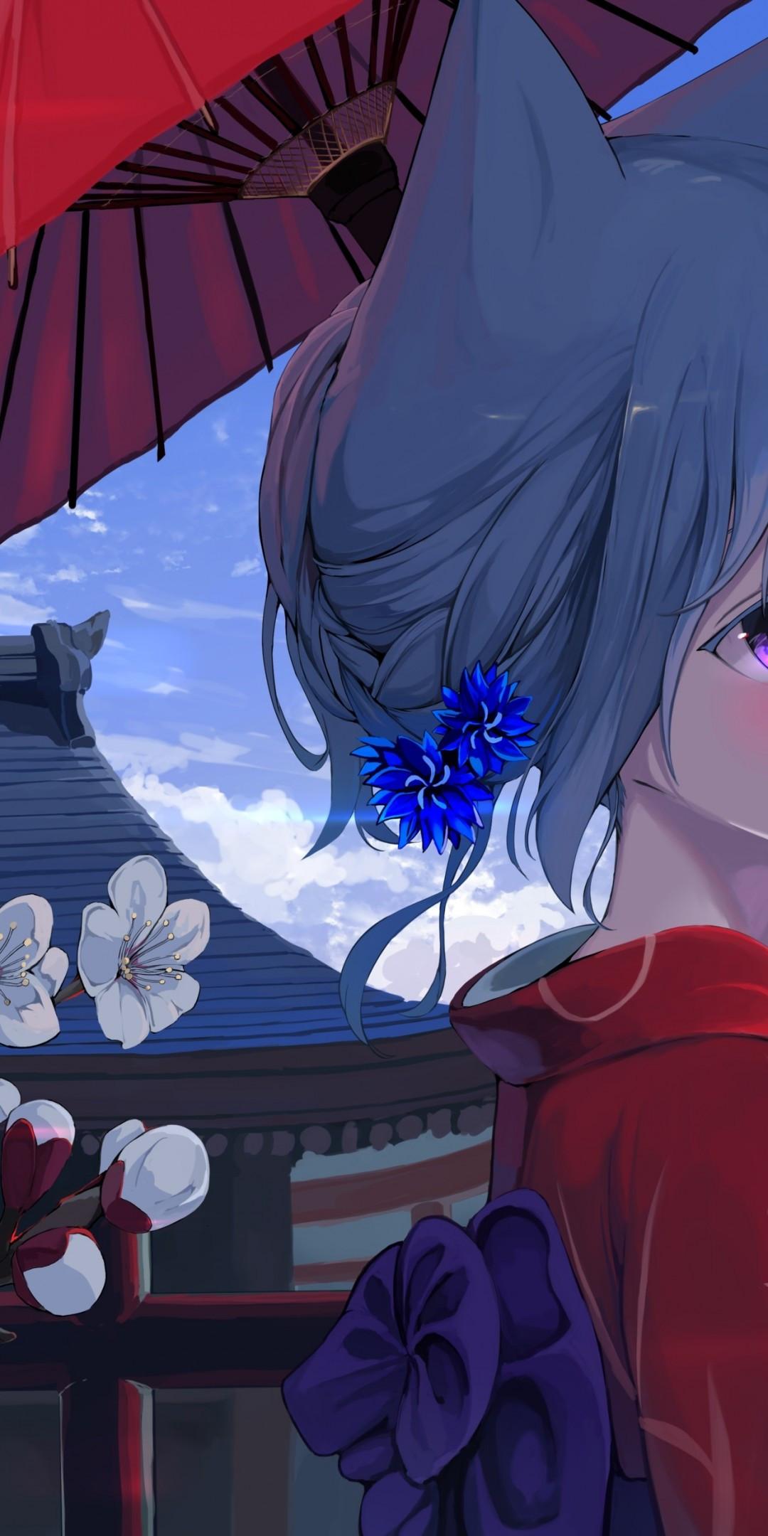 1080x2160 Download 1080x2160 Cute Anime Girl, Short Hair, Animal Ears, Clouds, Profile View, Kimono Wallpaper for Huawei Mate 10
