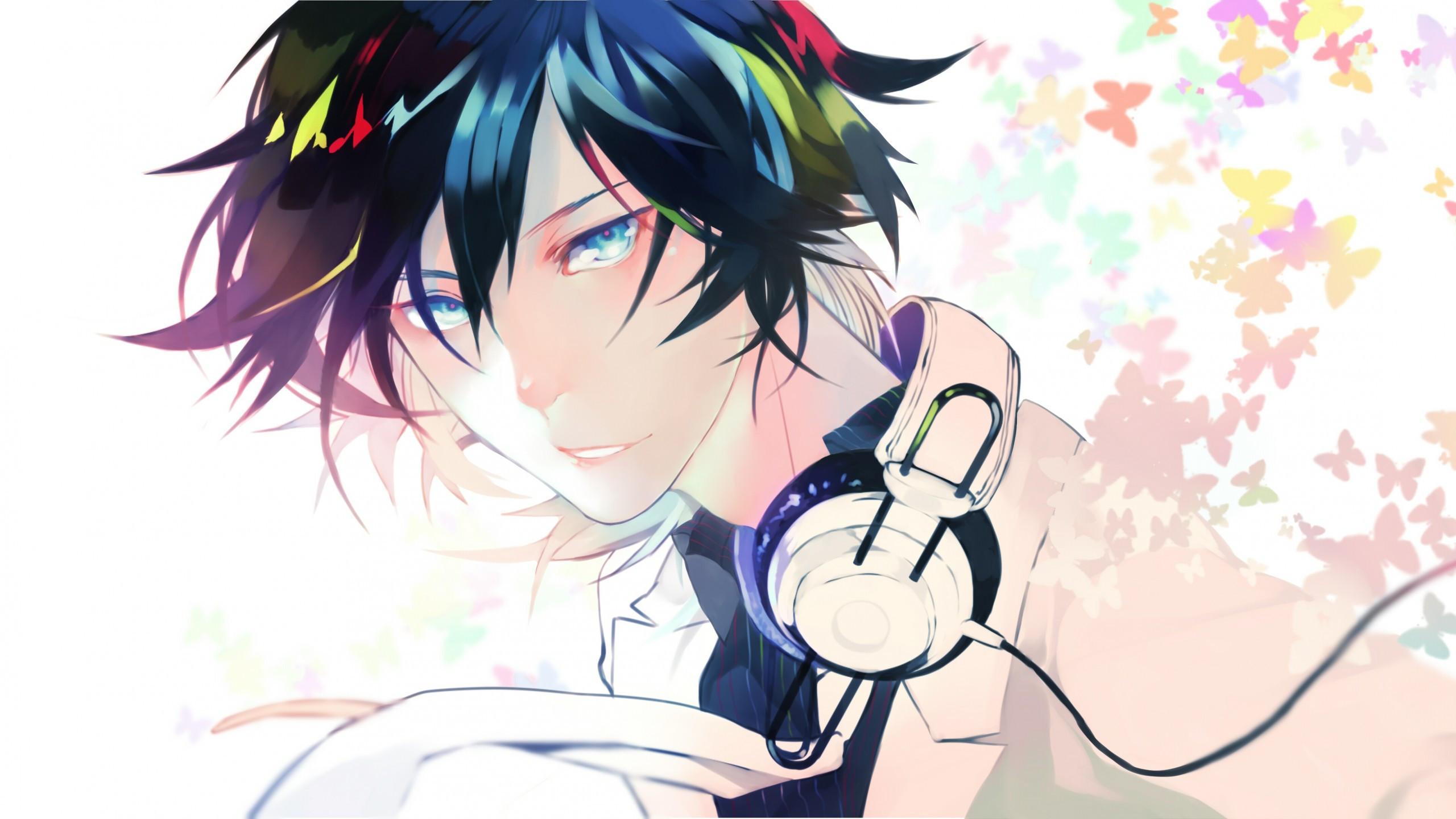 2560x1440 Download 2560x1440 Anime Boy, Headphones, Shoujo, Butterflies Wallpaper for iMac 27 inch