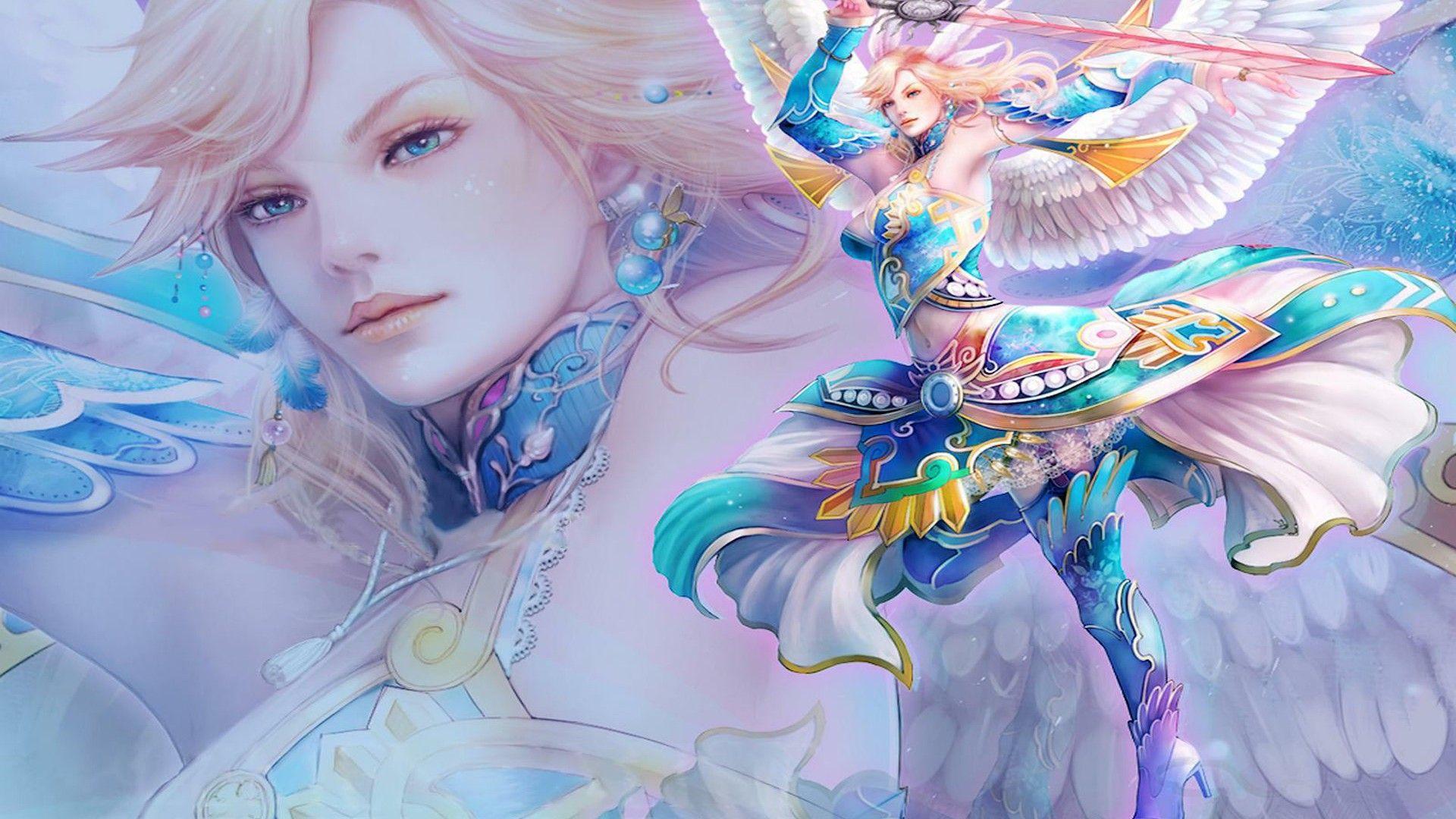 1920x1080 Beautiful Girl With Angel Wings, Sword Blonde Hair And Blue Eyes