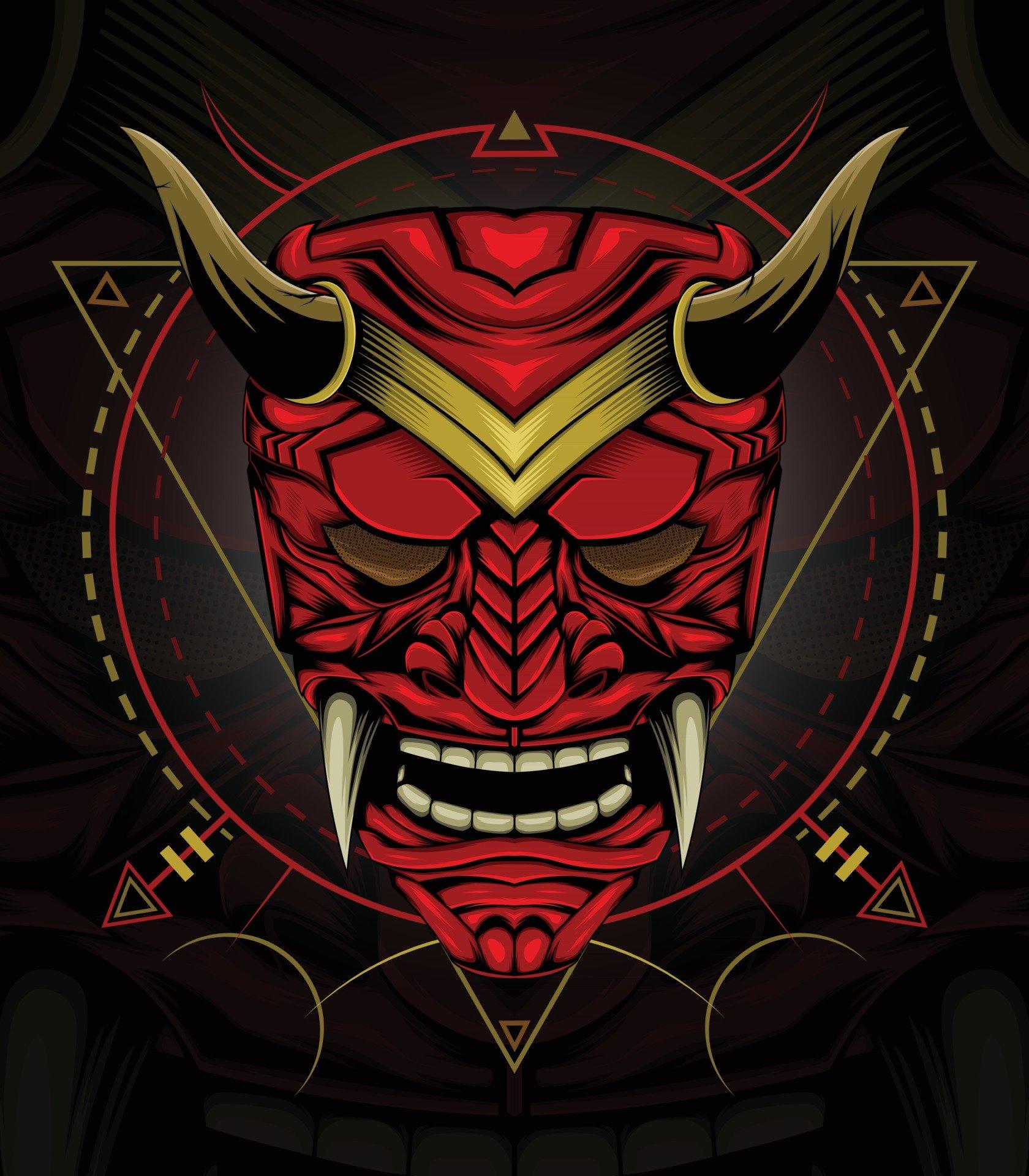 1680x1920 Kabuki or red devil face illustration. Head of red demon Japanese samurai mask