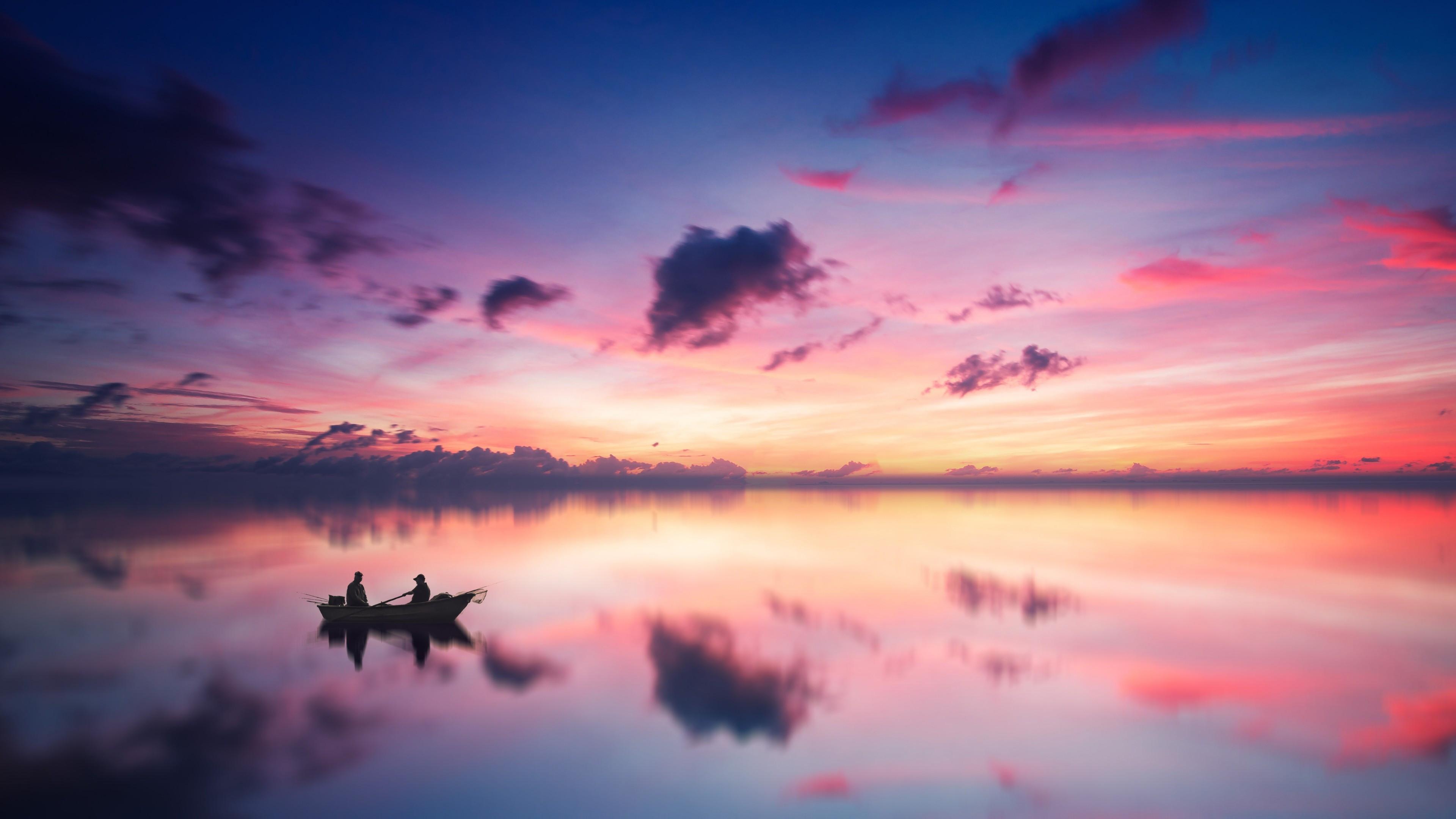 3840x2160 Download 3840x2160 Sunset, Boat, Clouds, Scenery, Reflection, Sky, Relaxing, Mood Wallpaper for UHD TV