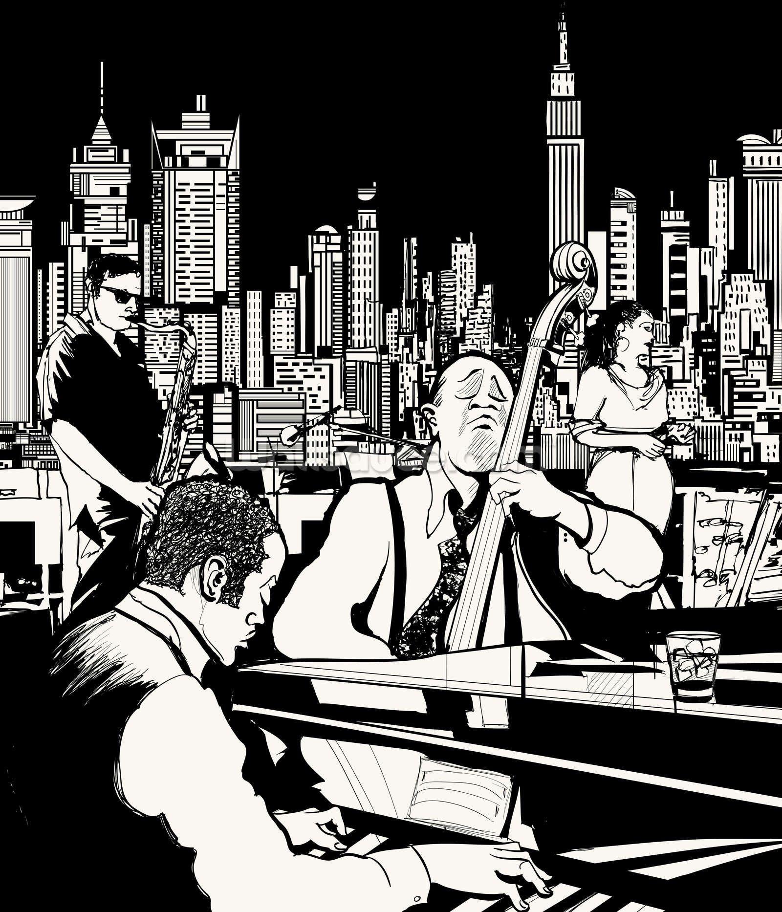 1600x1866 New York Jazz Band Wallpaper Mural. Wallsauce NZ. Jazz art, Black and white cartoon, Jazz band