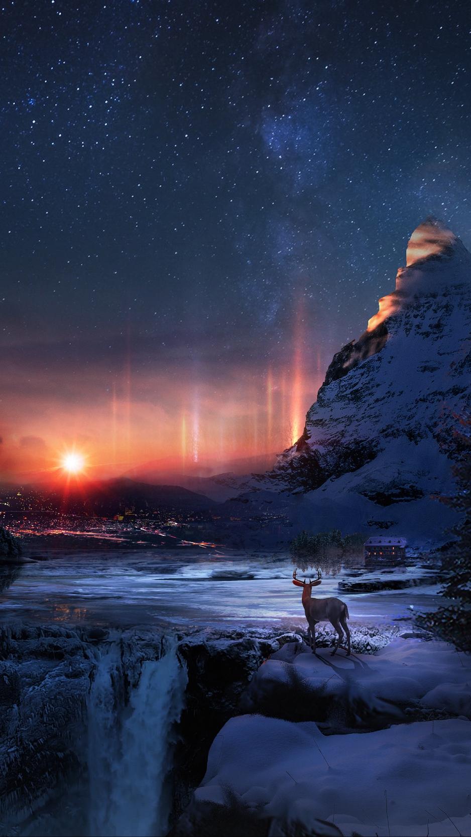 938x1668 Deer, winter, night, art, snow wallpaper