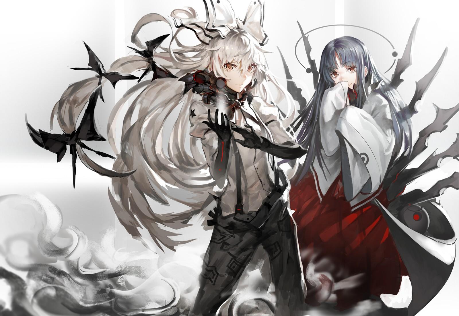 1600x1100 #long hair, #Touhou, #headband, #Fujiwara no Mokou, #anime, #Houraisan Kaguya, #white hair, #ribbon, #magic, #black hair, #anime girls, wallpaper. Mocah HD Wallpaper