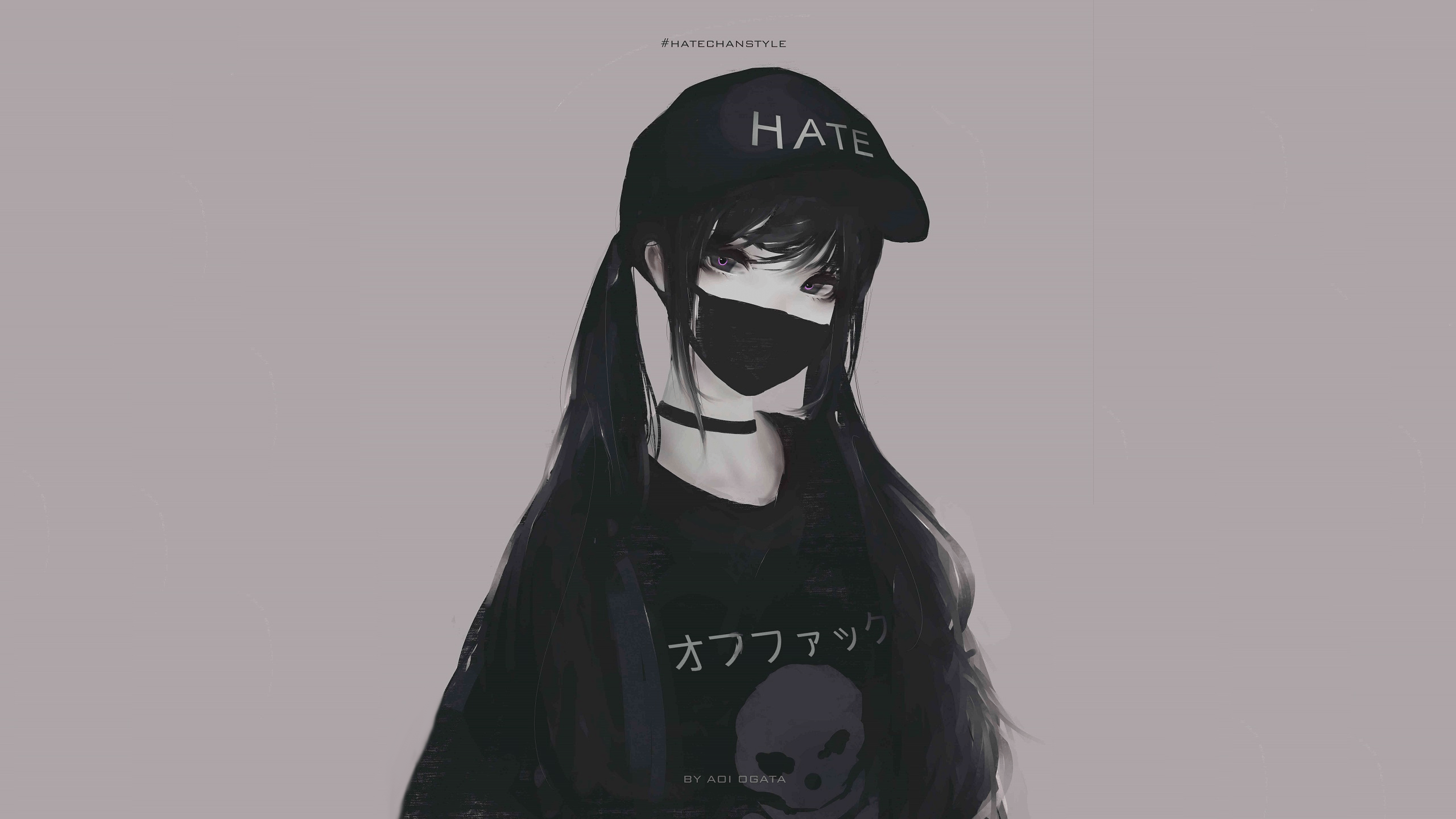 2560x1440 #Asian, #black Hair, #simple Background, #Aoi Ogata, #pigtails, #looking At Viewer, #anime, #long Hair, #purple Eyes, #anime Girls, #hate Chan, #digital Art, #brunette, #choker, #hate, #women, Wallpaper. Mocah HD Wallpaper