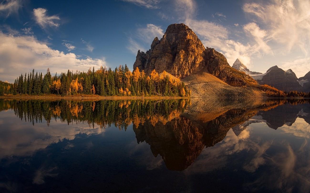 1300x812 landscape, Nature, Lake, Reflection, Mountain, Forest, Water, Fall, Clouds, Sunset, Trees, Canada Wallpaper HD / Desktop and Mobile Background