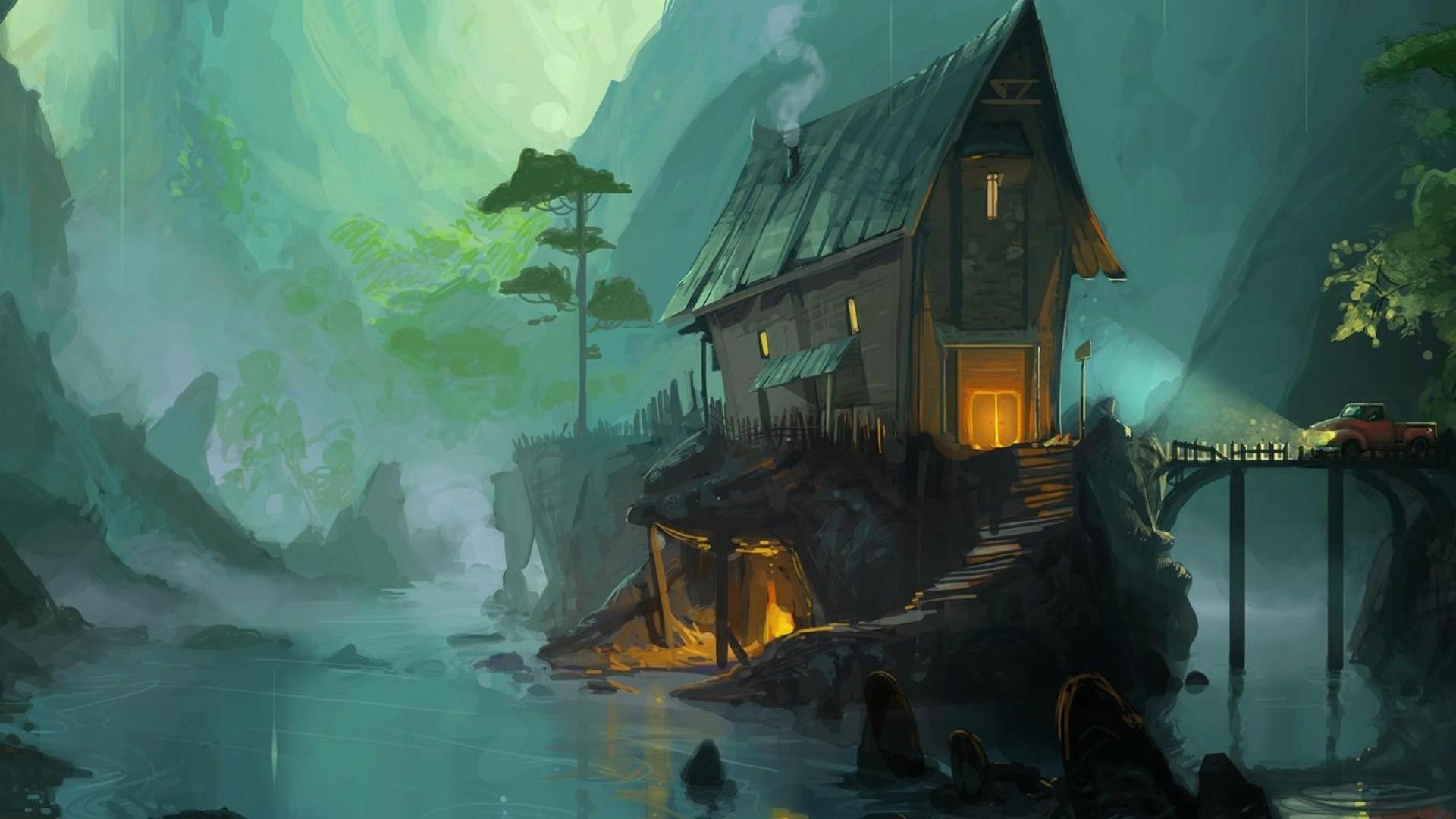 1920x1080 digital art, Fantasy art, Architecture, Building, House, Artwork, Painting, Nature, Mist, Mountains, Trees, Bridge, Car, Lights, River, Stairs Wallpaper HD / Desktop and Mobile Background