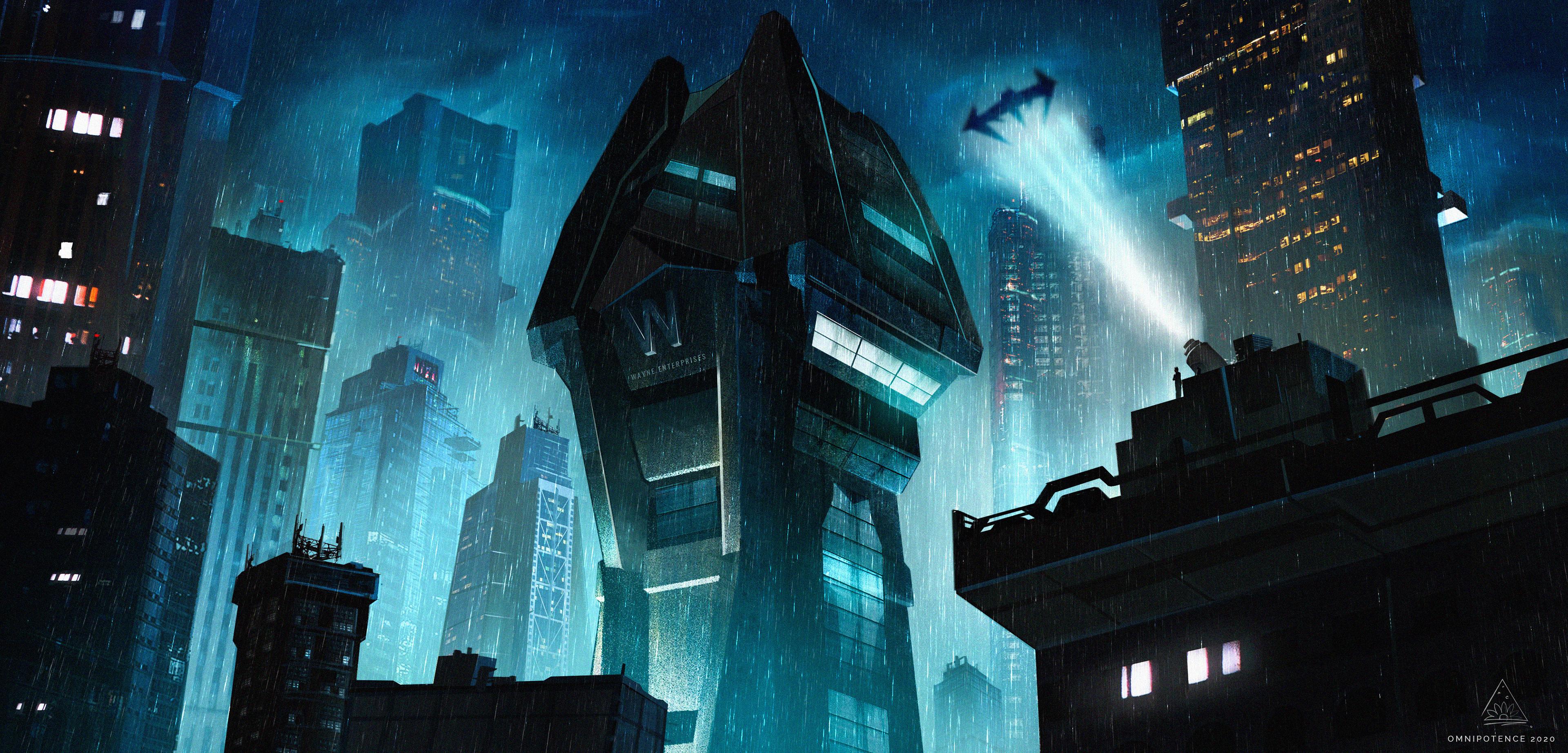 3840x1845 Wayne Tower in Gothic city Wallpaper 4k Ultra HD