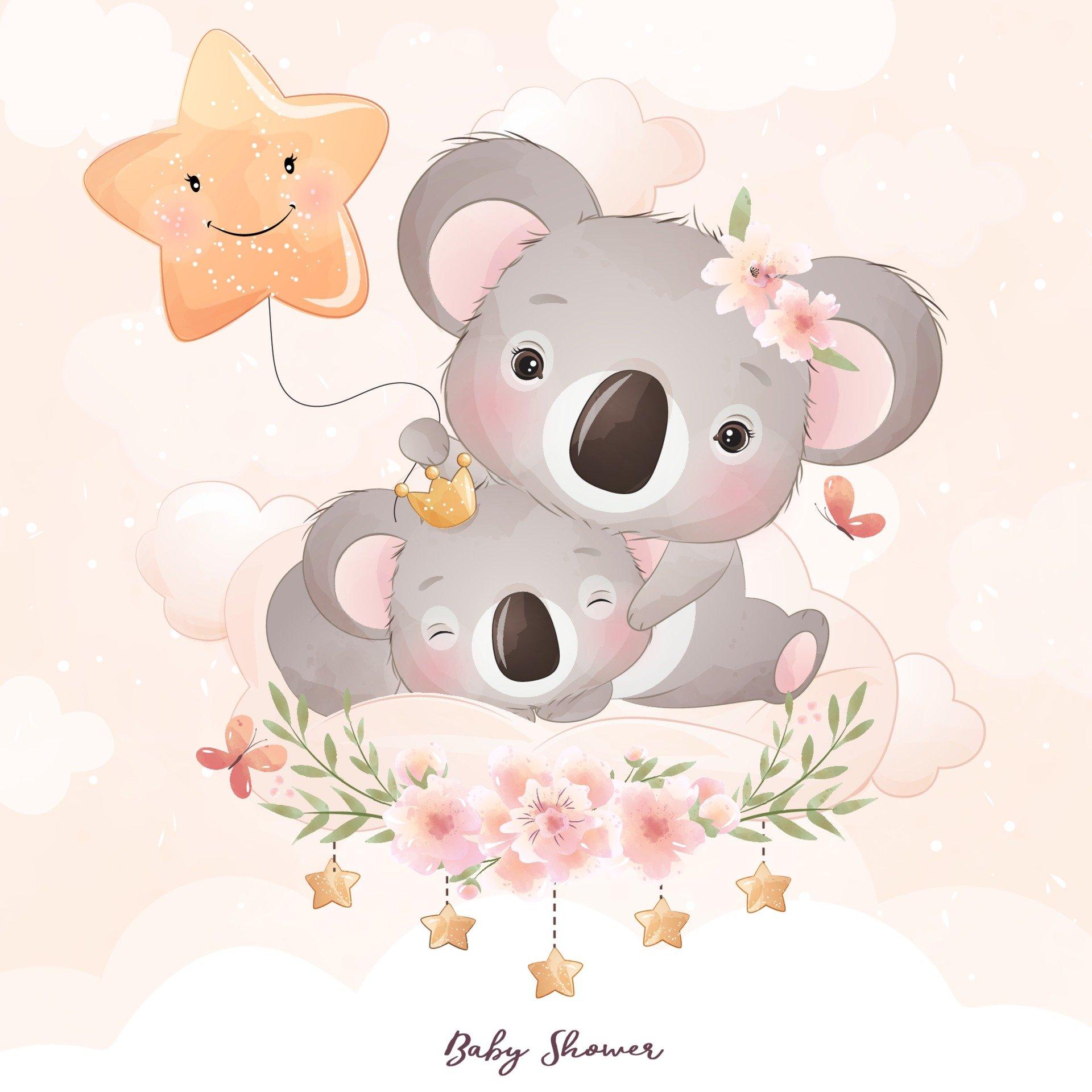 1920x1920 Cute doodle koala bear with floral illustration