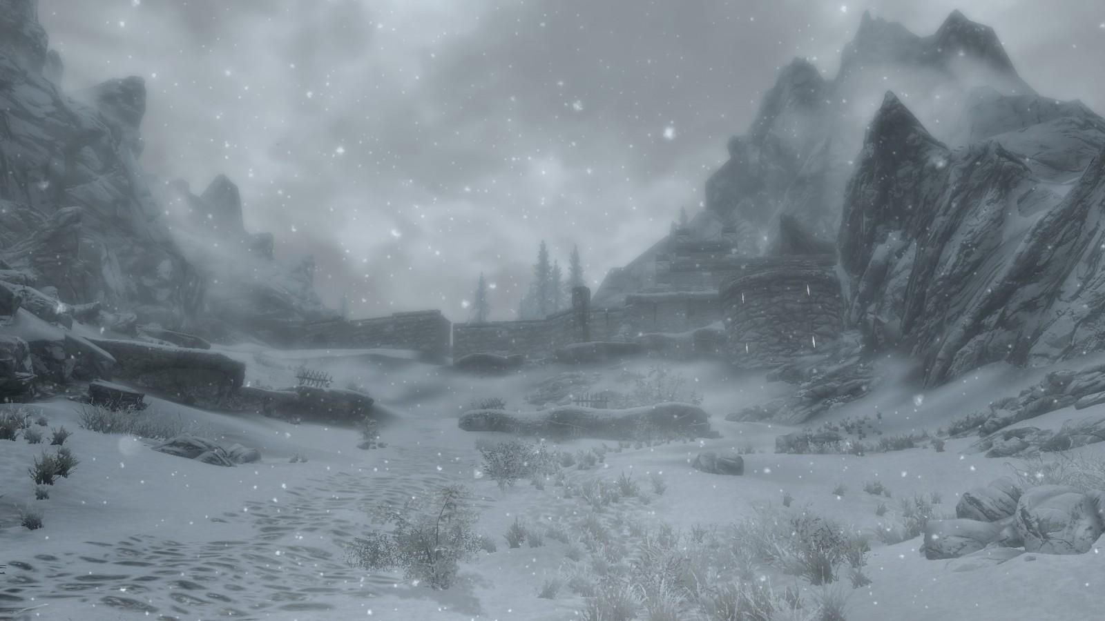 1600x900 landscape, mountains, snow, winter, ice, mist, The Elder Scrolls V Skyrim, fort, Freezing, mountain, weather, season, wave, blizzard, atmospheric phenomenon, geological phenomenon, wind wave, winter storm. Mocah HD Wallpaper