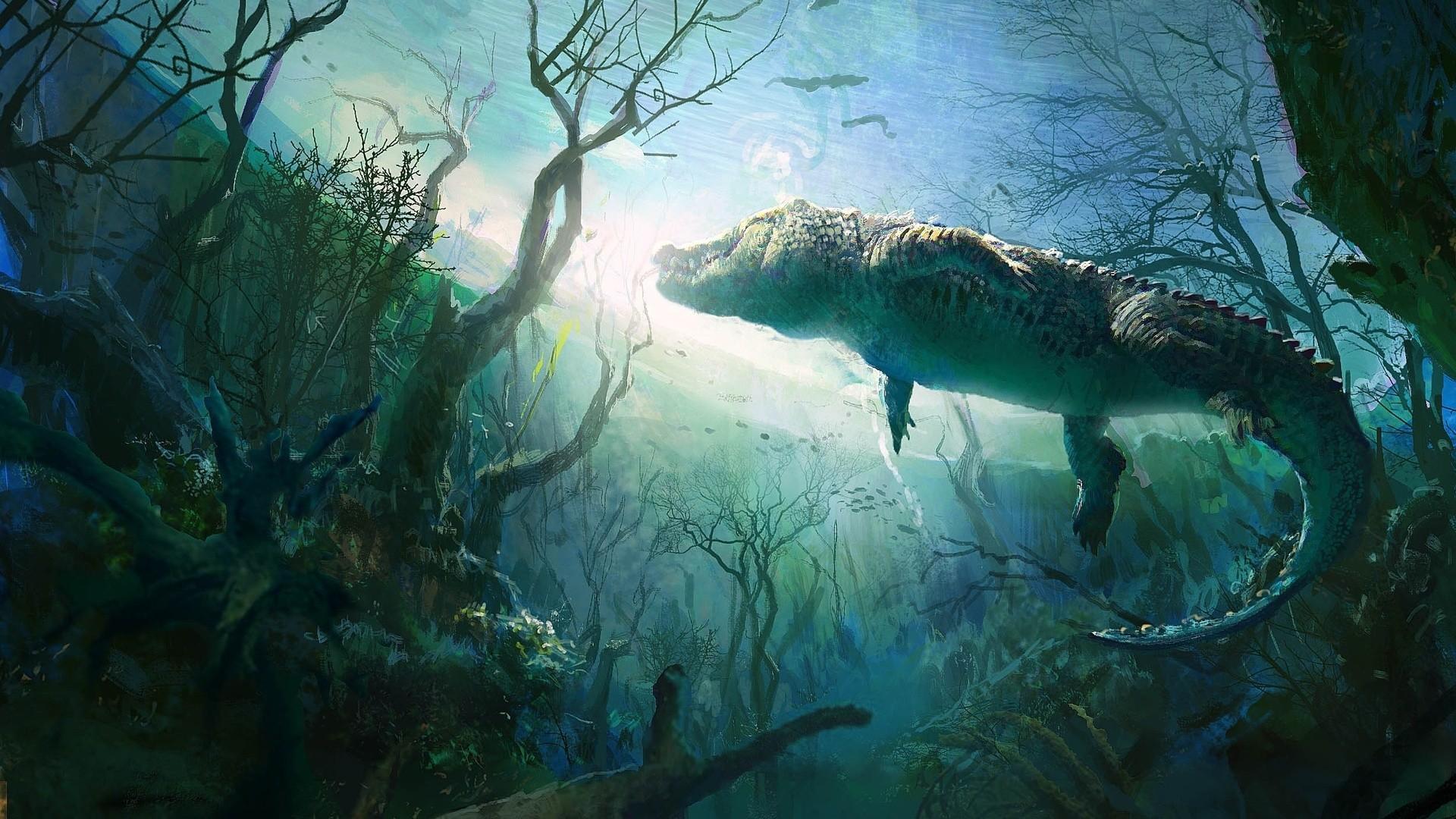 1920x1080 #digital art, #painting, #UFO, #underwater, #nature, #animals, #crocodiles, #branch, #plants, wallpaper. Mocah HD Wallpaper