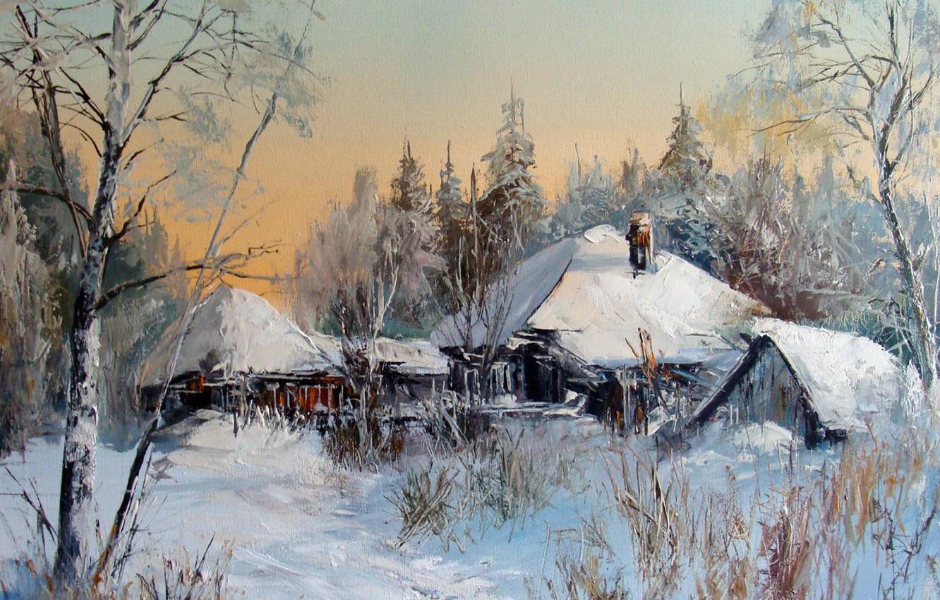 1332x850 Wallpaper winter, oil, picture, painting, canvas, Winter landscape, rural landscape, artist Alexander Lednev image for desktop, section живопись