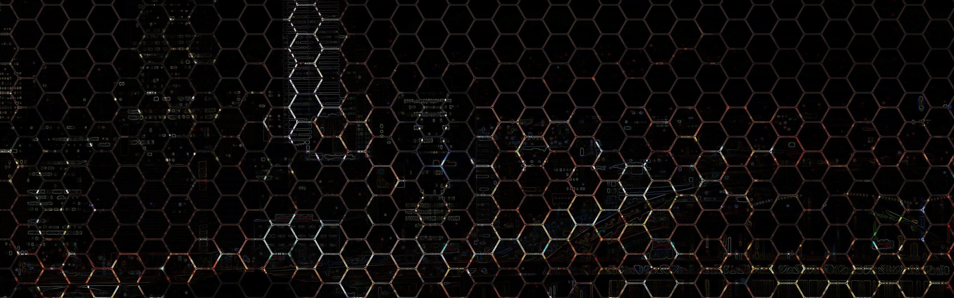 3840x1200 untitled multiple display digital art #hexagon K #wallpaper #hdwallpaper #desktop. Black and blue wallpaper, Hexagon background, Black and grey wallpaper