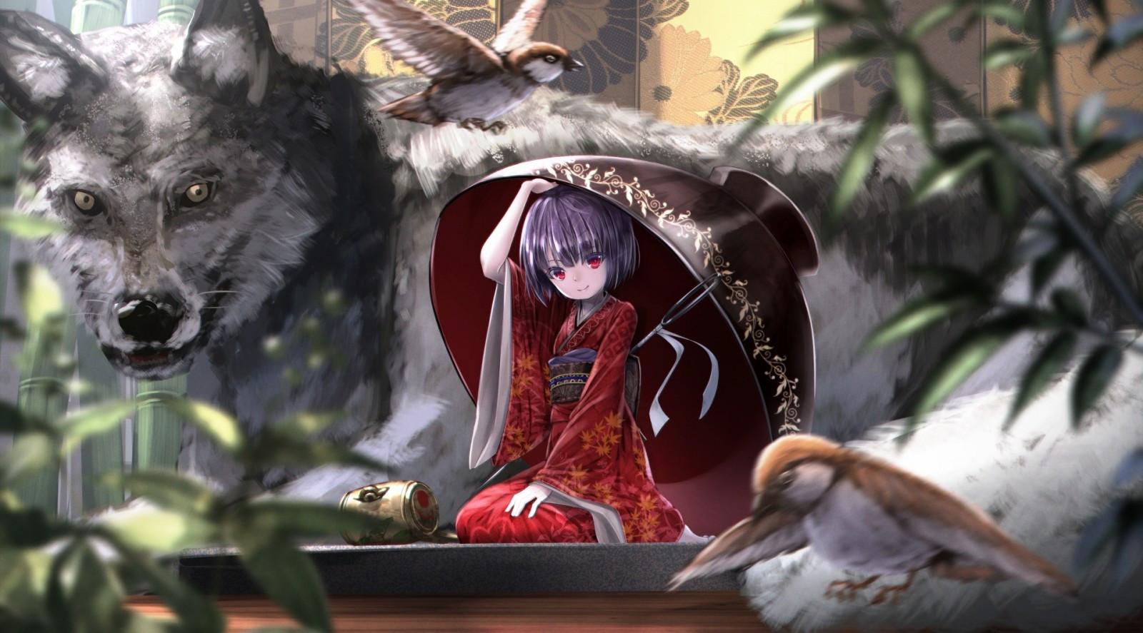 1600x887 Download 1600x887 Sukuna Shinmyoumaru, Touhou, Wolf, Sitting, Japanese Clothes, Smiling Wallpaper