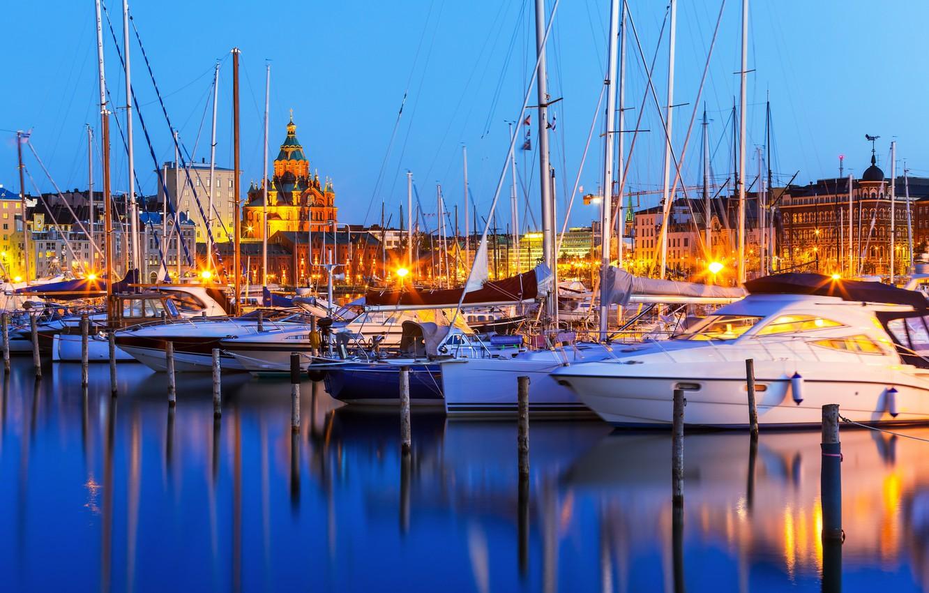 1332x850 Wallpaper yachts, port, night city, harbour, Finland, Finland, Helsinki, Helsinki image for desktop, section город