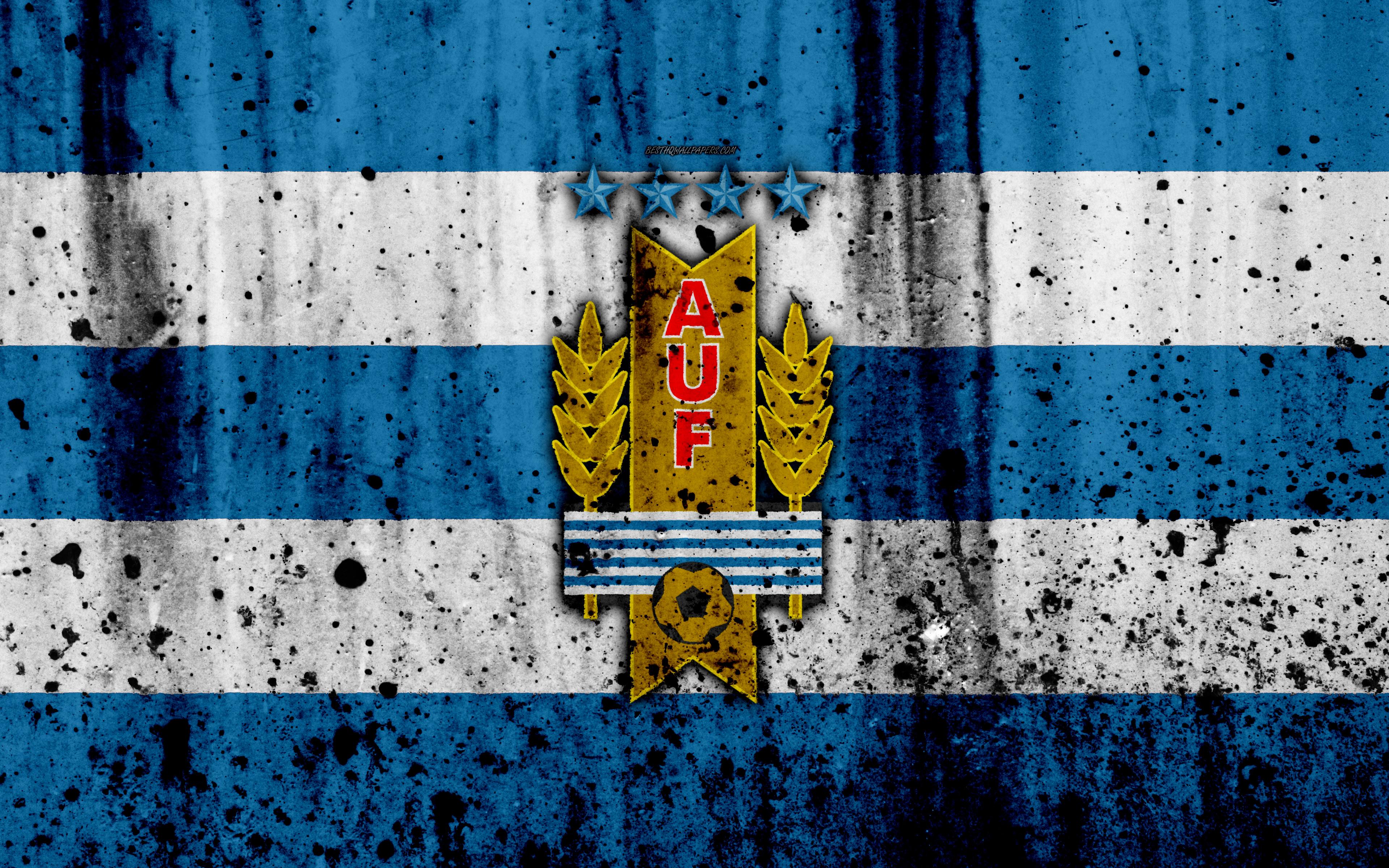 3840x2400 Download wallpaper Uruguay national football team, 4k, emblem, grunge, South America, football, stone texture, soccer, Uruguay, logo, South American national teams for desktop with resolution 3840x2400. High Quality HD picture wallpaper