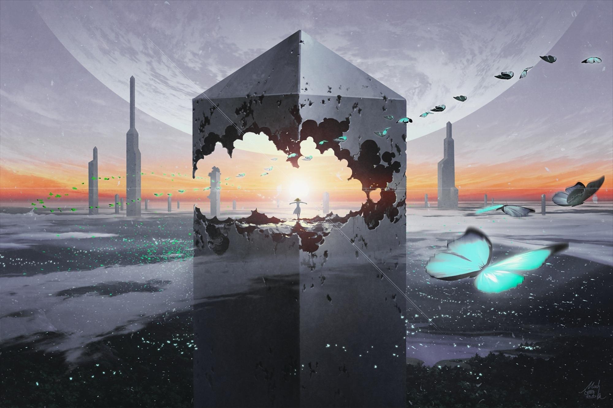 2000x1334 Fantasy world anime girl moon butterflies wallpaperx1334
