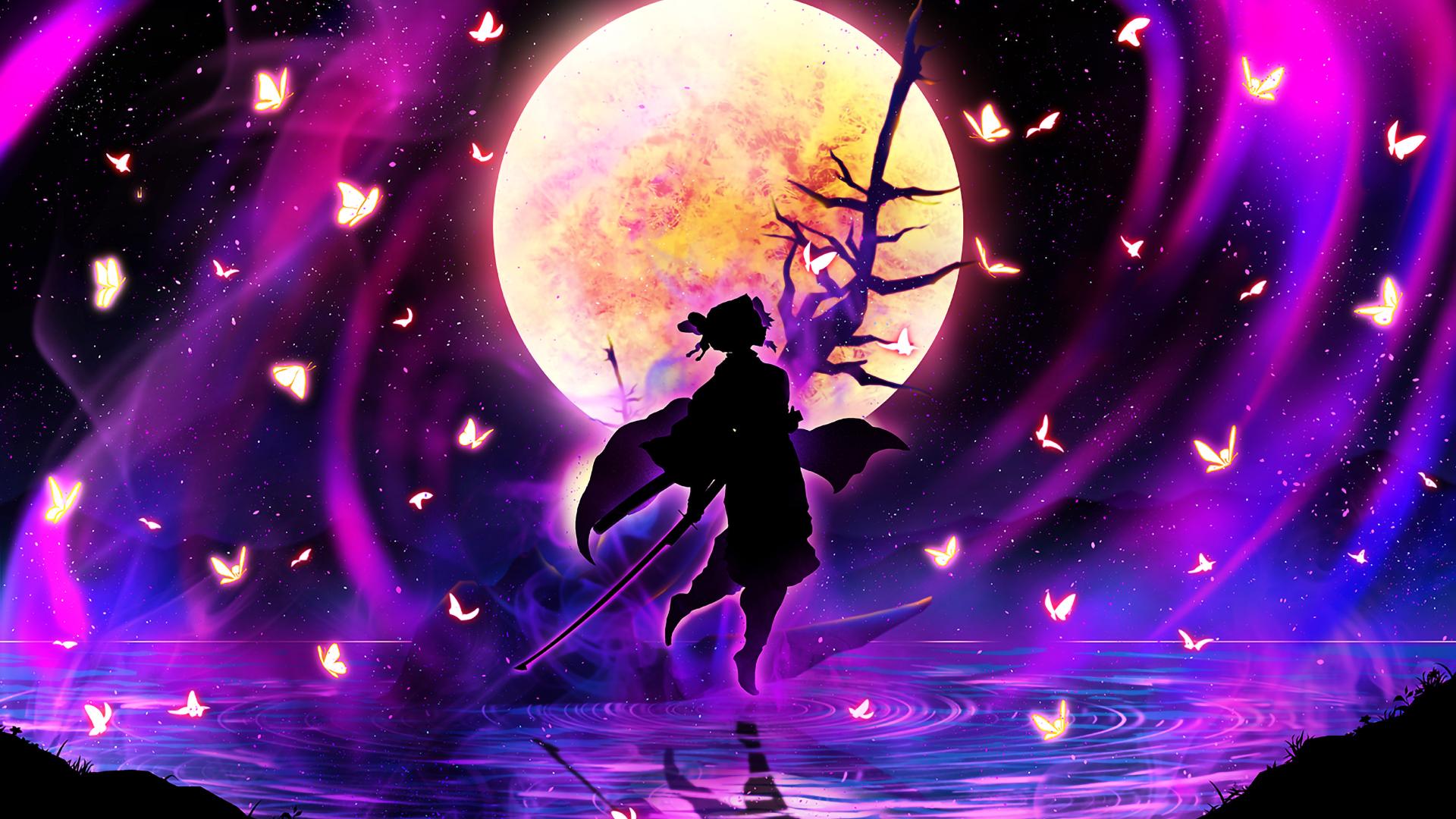 1920x1080 Demon Slayer Shinobu Kochou With Background Of Moon Stars And Lighting Butterflies HD Anime Wallpaper